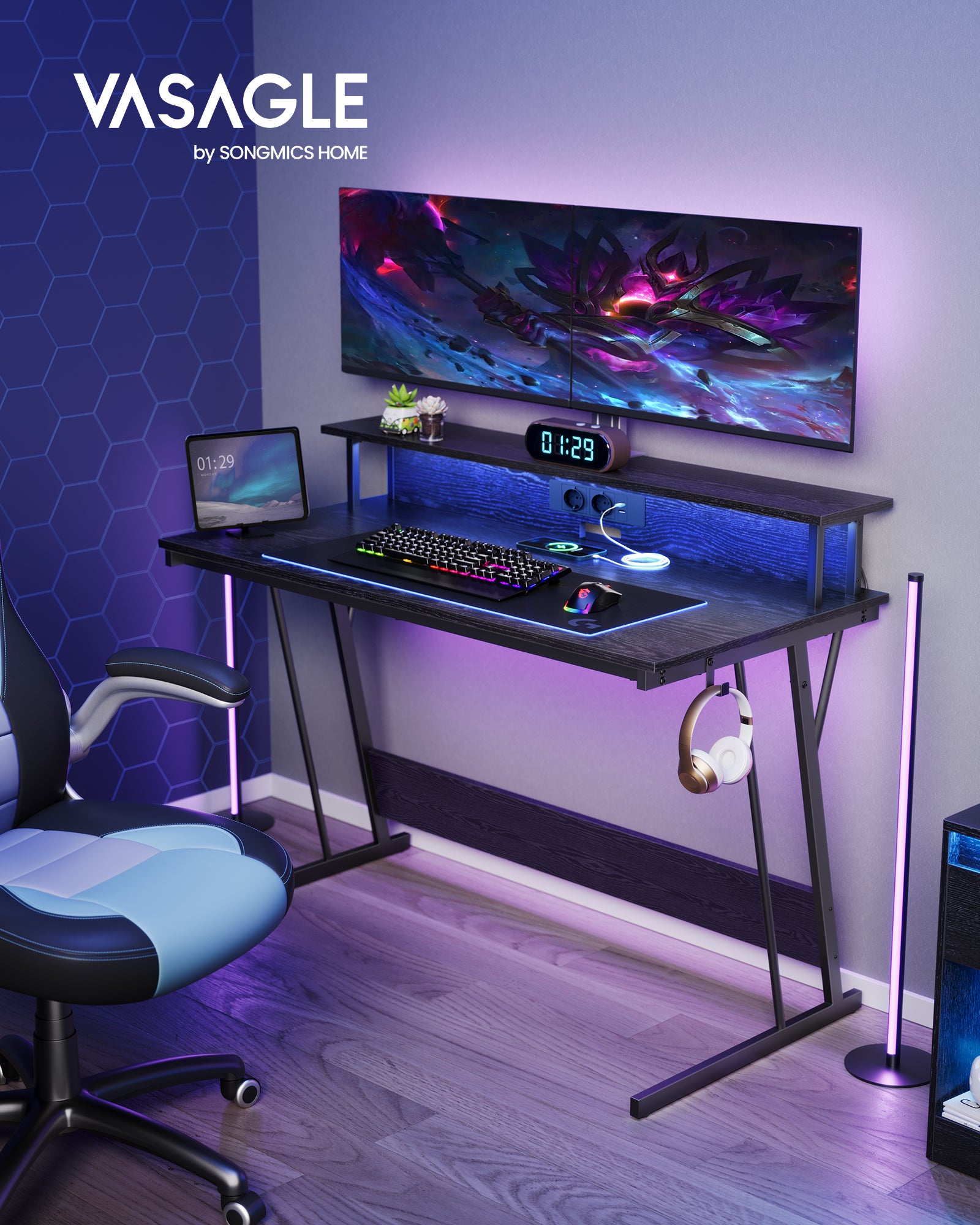 Bureau Gaming avec LED et Multiprise, Bureau Informatique avec Rehausseur d’Écran, 60 x 120 x 75 cm, Noir Boisé - 2