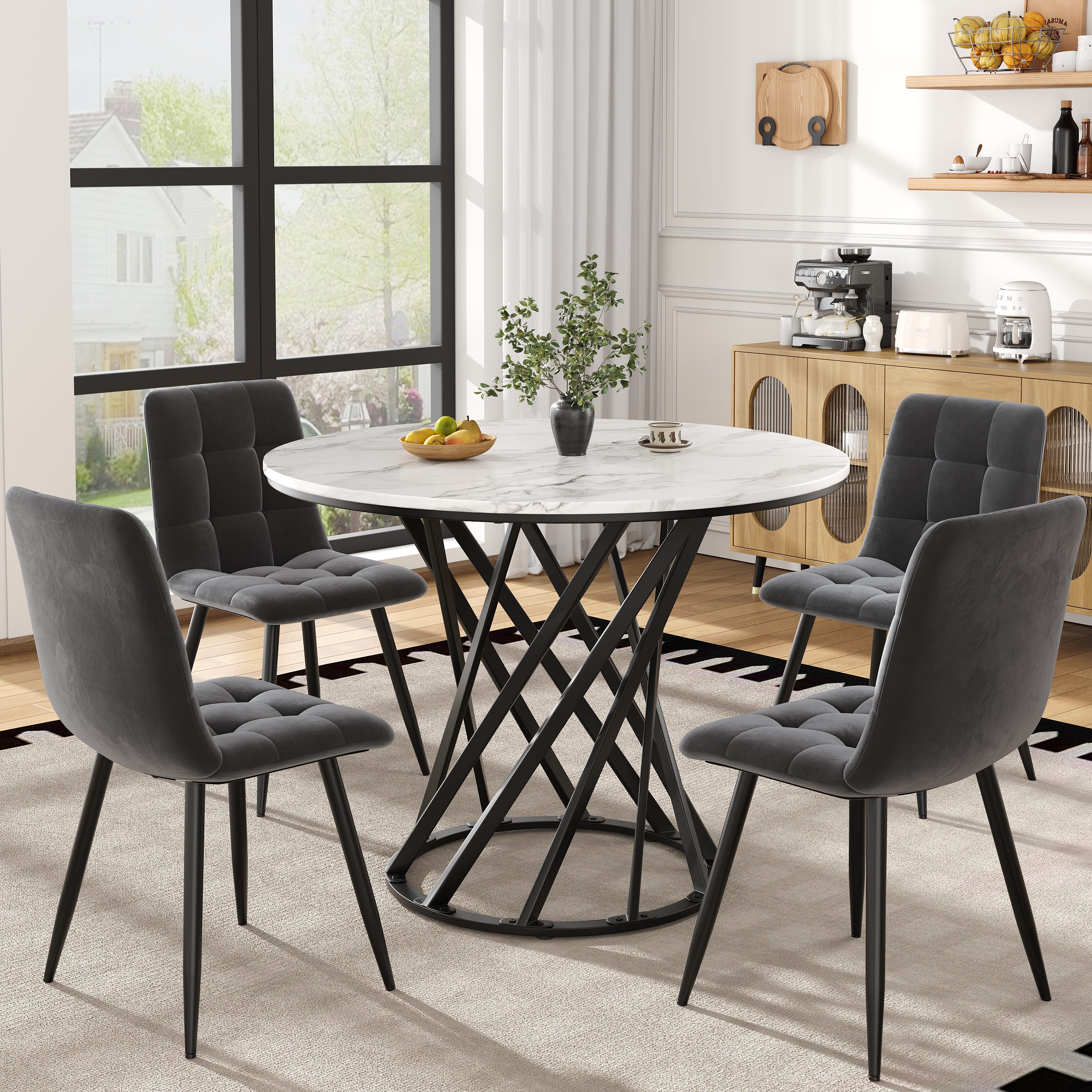 Table Ronde Moderne Table à manger ronde et 4 chaises - plateau en MDF、Structure en métal ...
