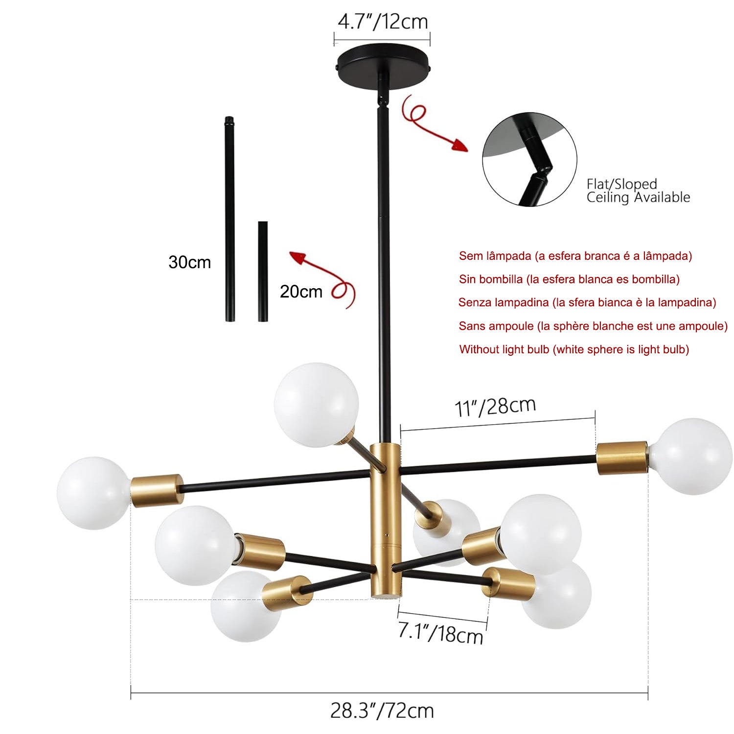 Żyrandol Sputnik, lampa wisząca 8-punktowa, lampa sufitowa w stylu retro industrial, nowoczesny żyrandol, czarno-złoty (bez białej żarówki) - 4