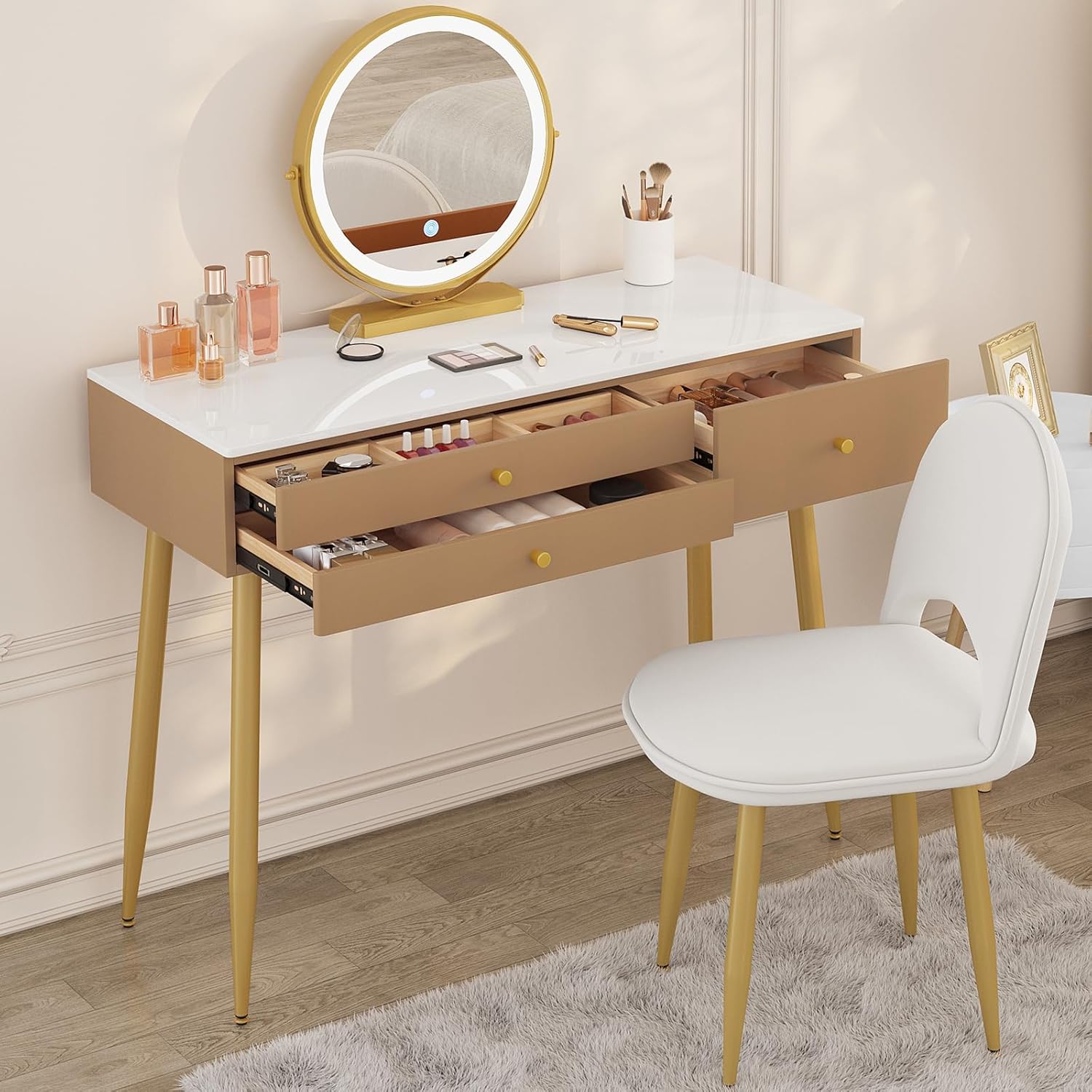 Coiffeuse Avec Miroir LED WOLTU - 3 Tiroirs En Bois - Chaise Velours Réglable - Plateau 100x40cm - Blanc/Crème/Or