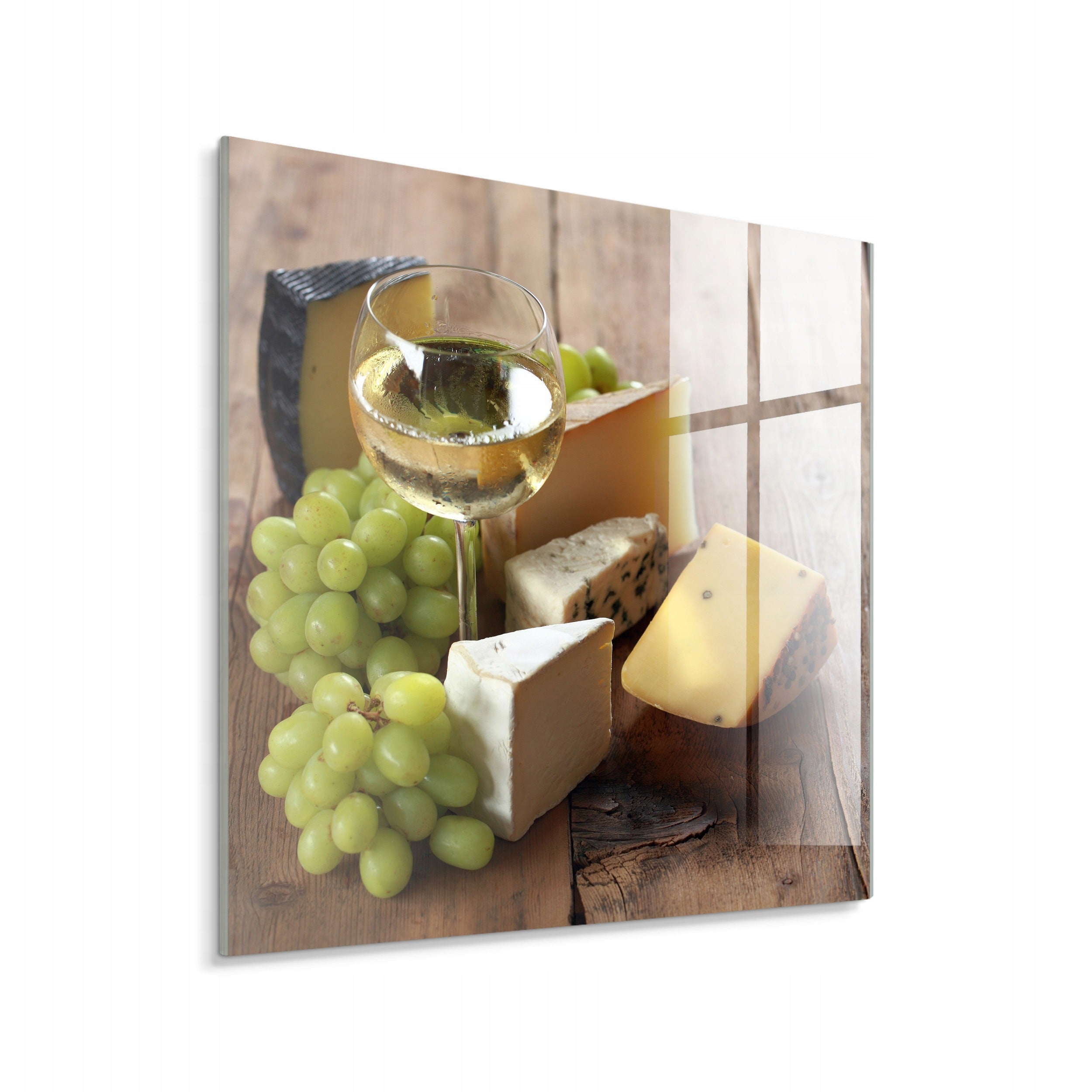 STYLER Tablou pe sticlă Glasspik brânză și vin 30 x 30 cm, decor modern de perete pentru living, dormitor și casă