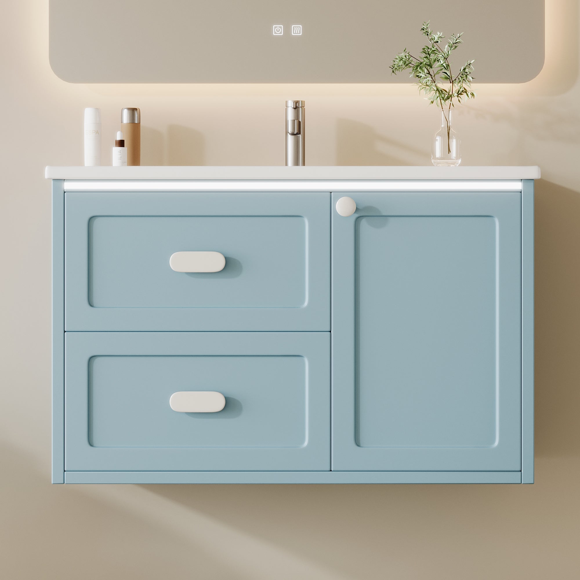 Wiszący mebel łazienkowy 76x46x51 cm - z ceramiczna umywalką - 2 szuflady i 1 drzwi - z LED - Niebieski