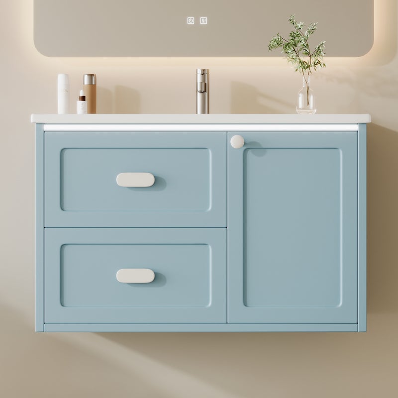 Wiszący mebel łazienkowy 76x46x51 cm - z ceramiczna umywalką - 2 szuflady i 1 drzwi - z LED - Niebieski