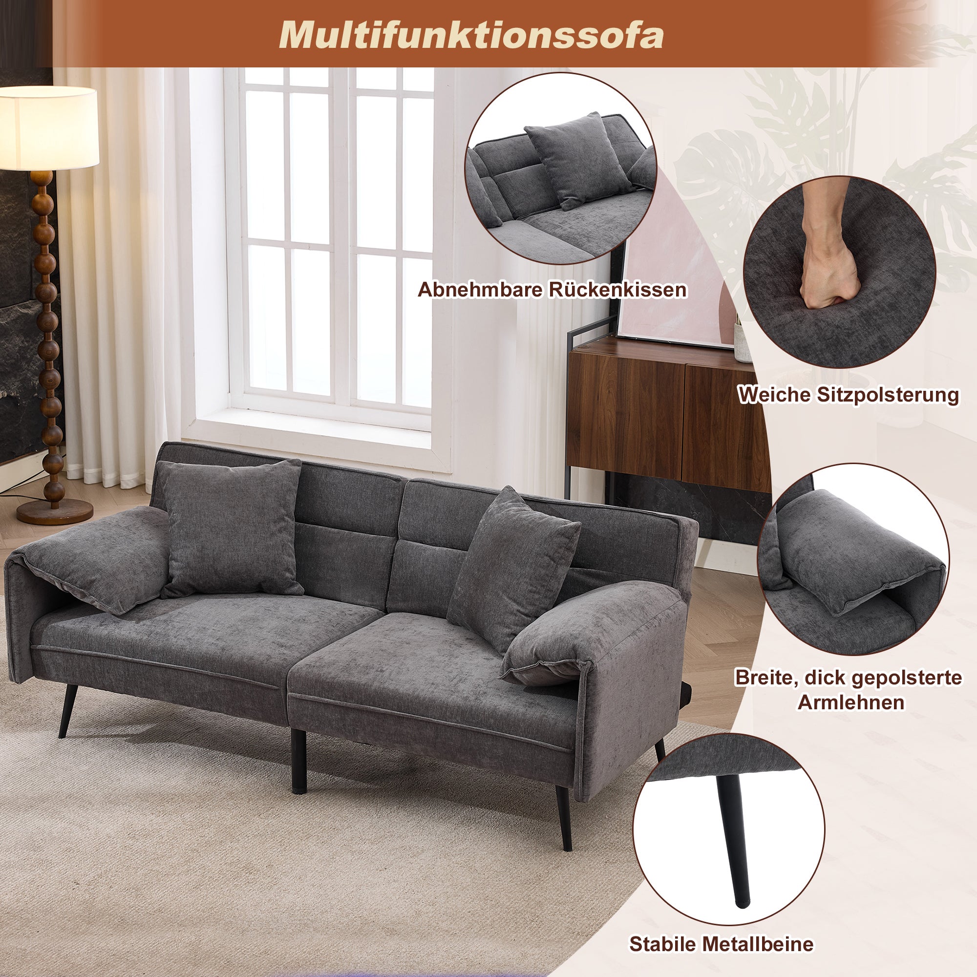 Sofa dwuosobowa z funkcją spania Click-Clack i 3-stopniową regulacją oparcia (100°–180°) – 167,5 x 73 x 70 cm – tkanina Chenille – szara - 9