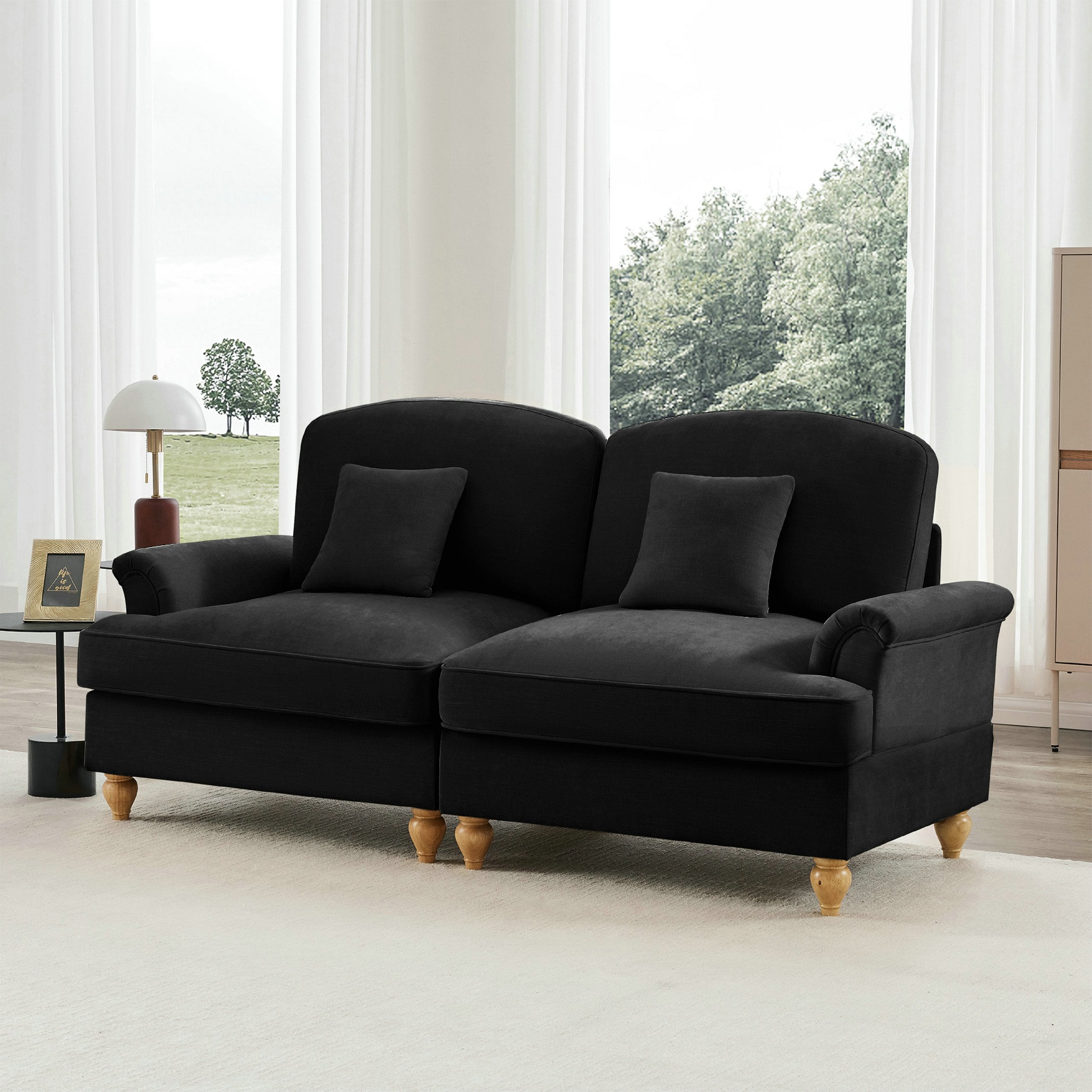 Élégant canapé 2 places de style médiéval-moderne - avec accoudoirs évasés - jupe à volants amovible - en chenille confortable noir - 2
