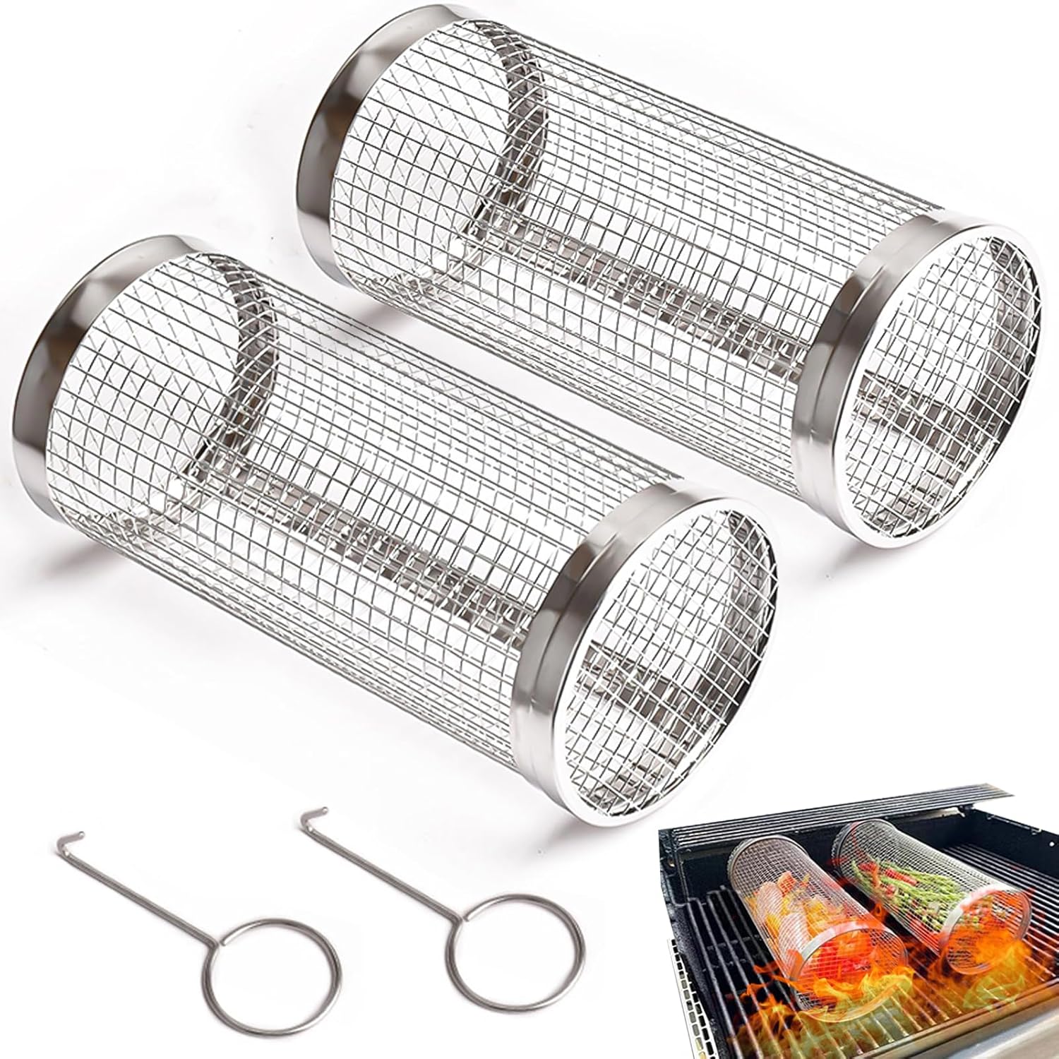 Zestaw 2 koszyków do grilla ze stali nierdzewnej, z kółkami, cylindrycznych, do grillowania warzyw i ryb
