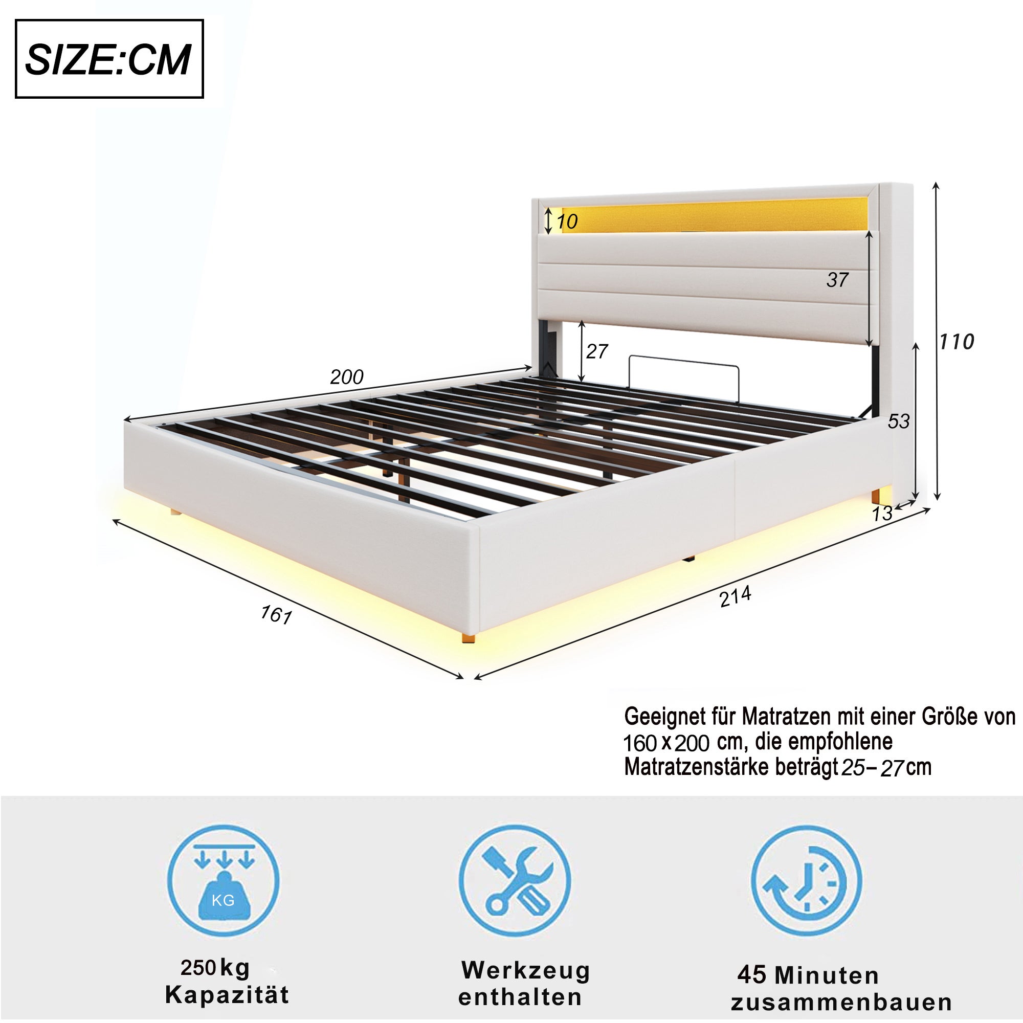 Lit coffre 160 x 200 cm avec tête de lit coffre et compartiments - LEDs et prise USB - Tissu en lin - Beige - 10