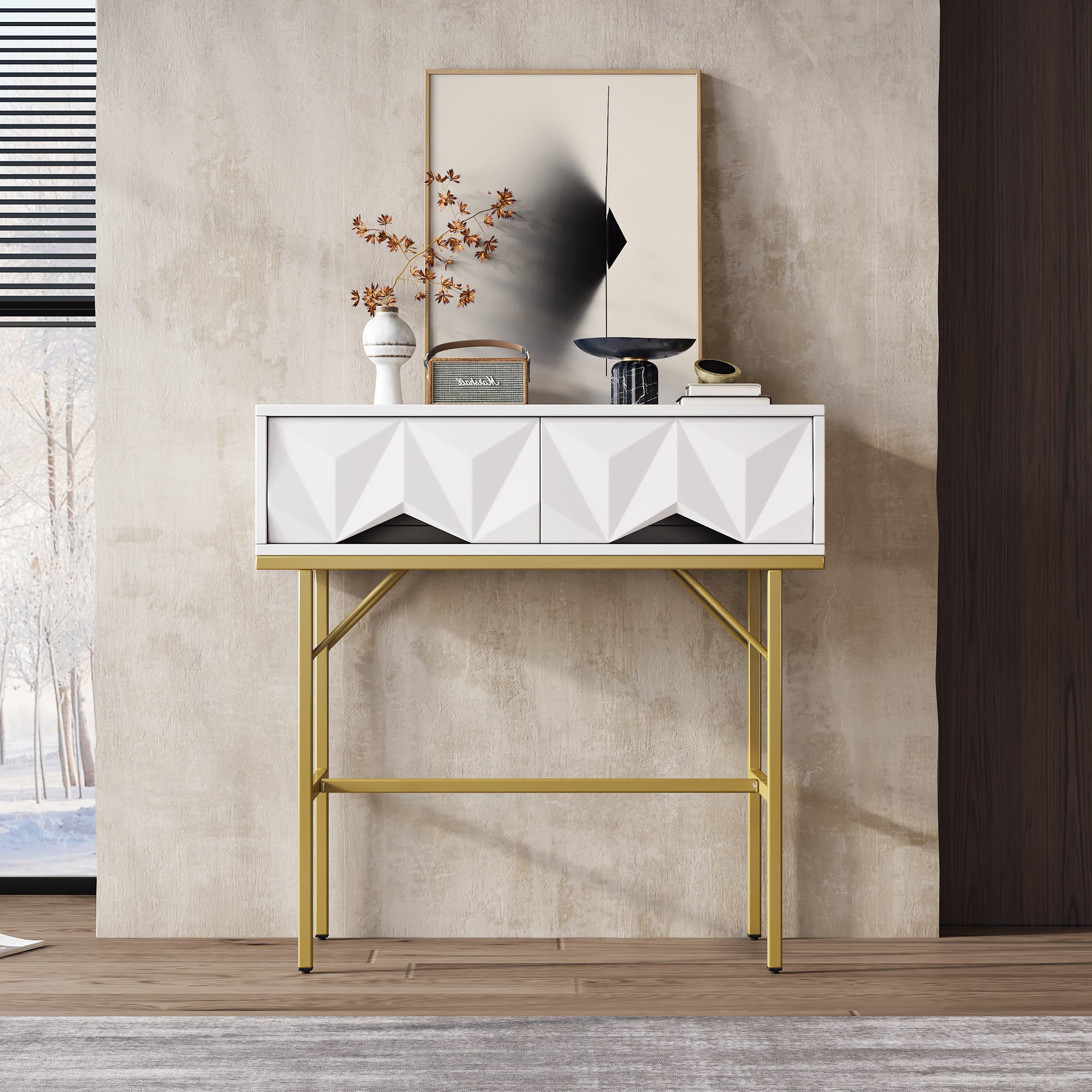 Table console moderne avec 2 tiroirs - 80 x 40 x 80 cm - MDF - pour salon, couloir - blanc + or - 3