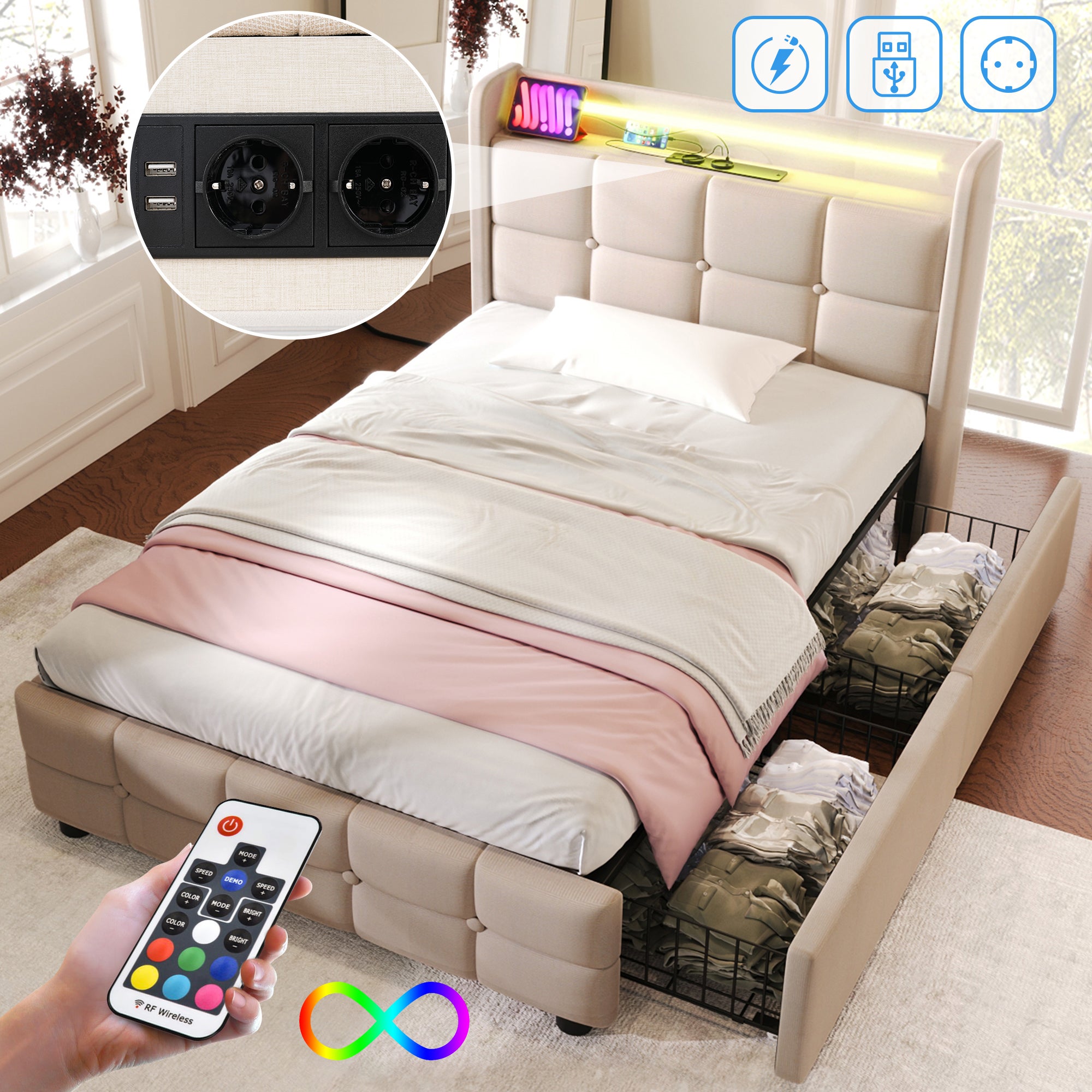 Łóżko dziecięce tapicerowane 90 x 200 cm z 2 szufladami - USB + LED - tkanina lniana - beż