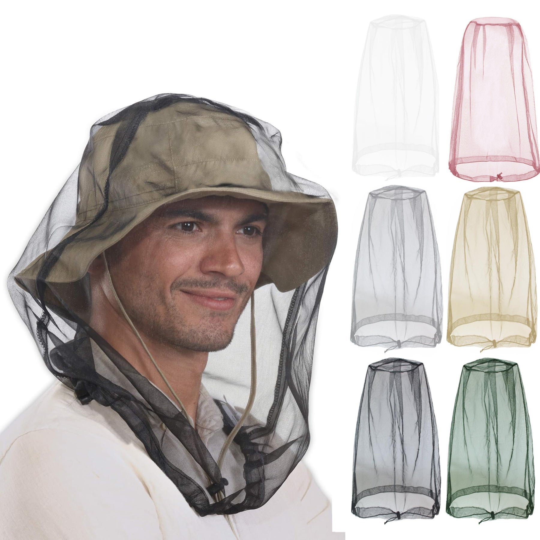 Moustiquaire de tête 2 pièces, bonnet et masque anti-moustiques pour camping, randonnée en jungle et escalade - Vert armée - 44 x 50 cm - 2