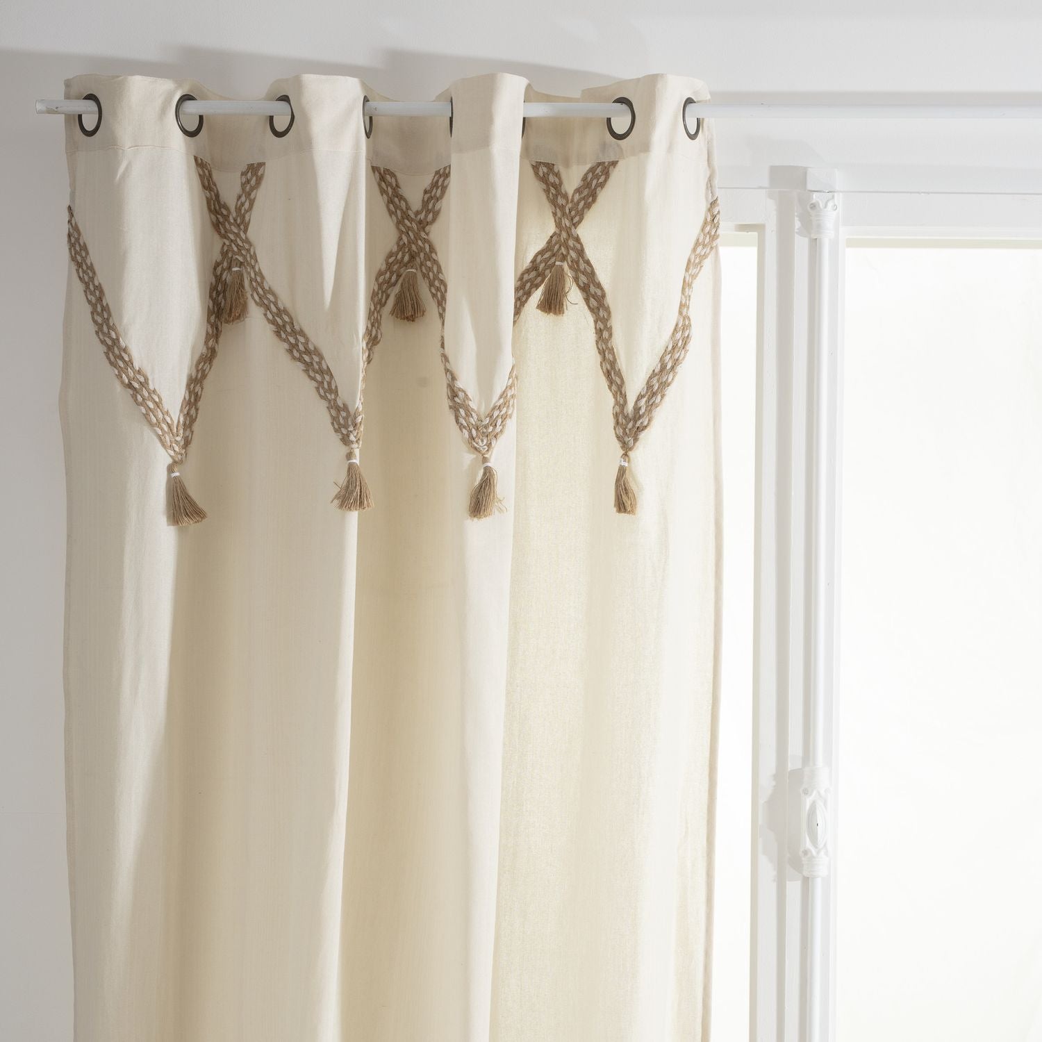 Lot de 2 Rideaux Carmen à Pompons en jute - 140 cm x 260 cm - Beige ...