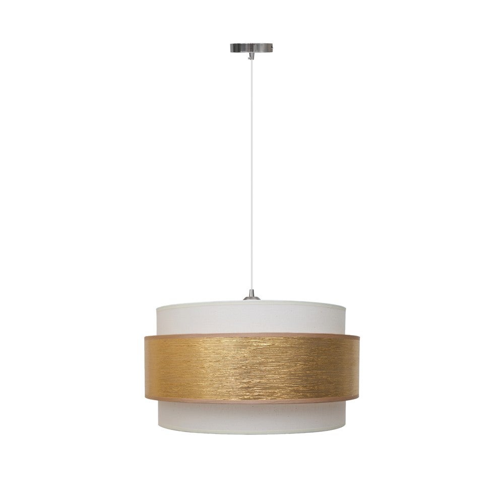 Lampa sufitowa Menida z potrójnym okrągłym abażurem z białego lnu i złotym środkowym paskiem tkaniny ø40 cm