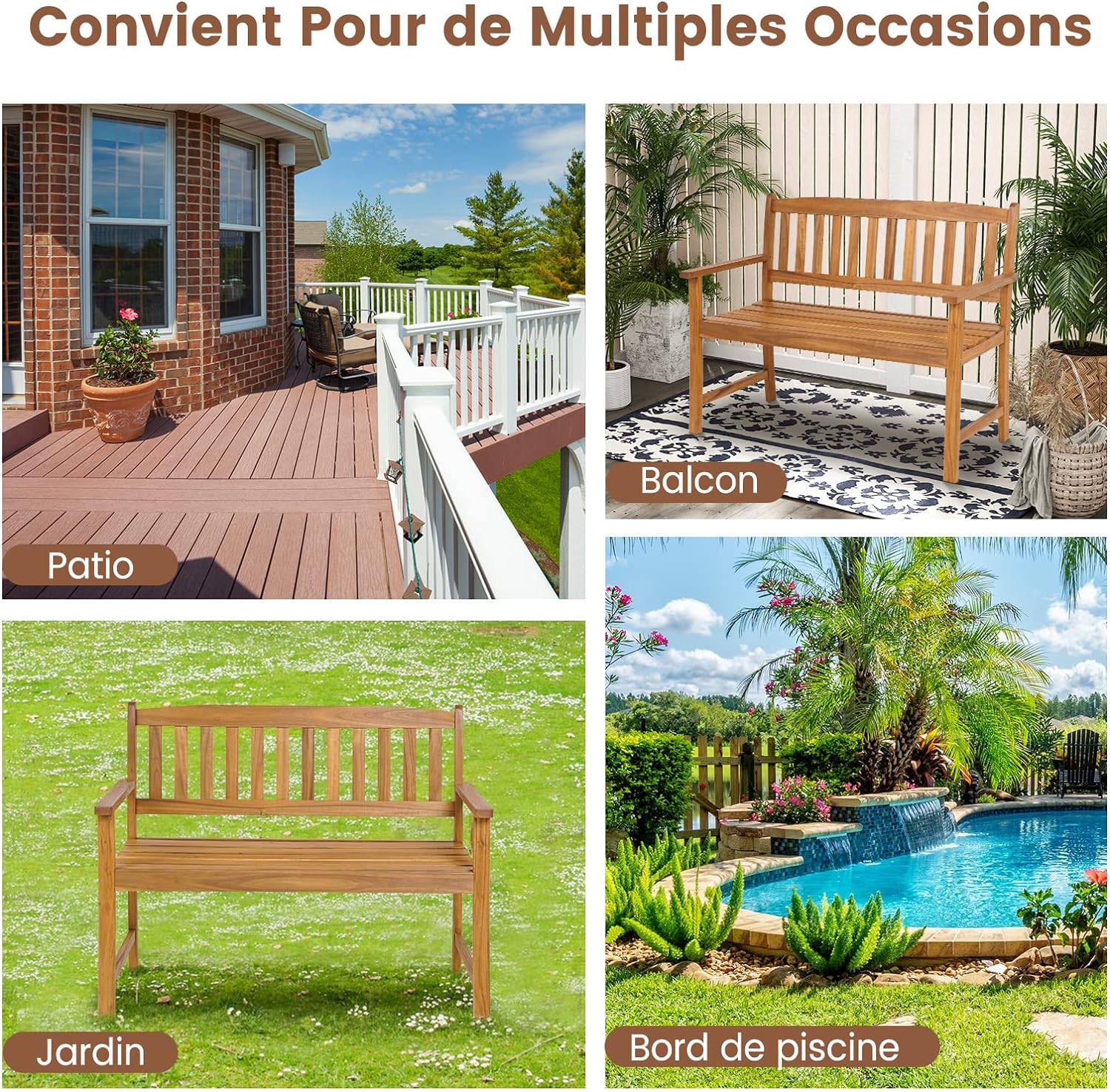 Banc de Jardin en Bois en Acacia pour 2 Personnes, Banquette à Lattes Charge 360KG, pour Patio Cour Balcon, 110 x 56,5 x 86 cm - 6