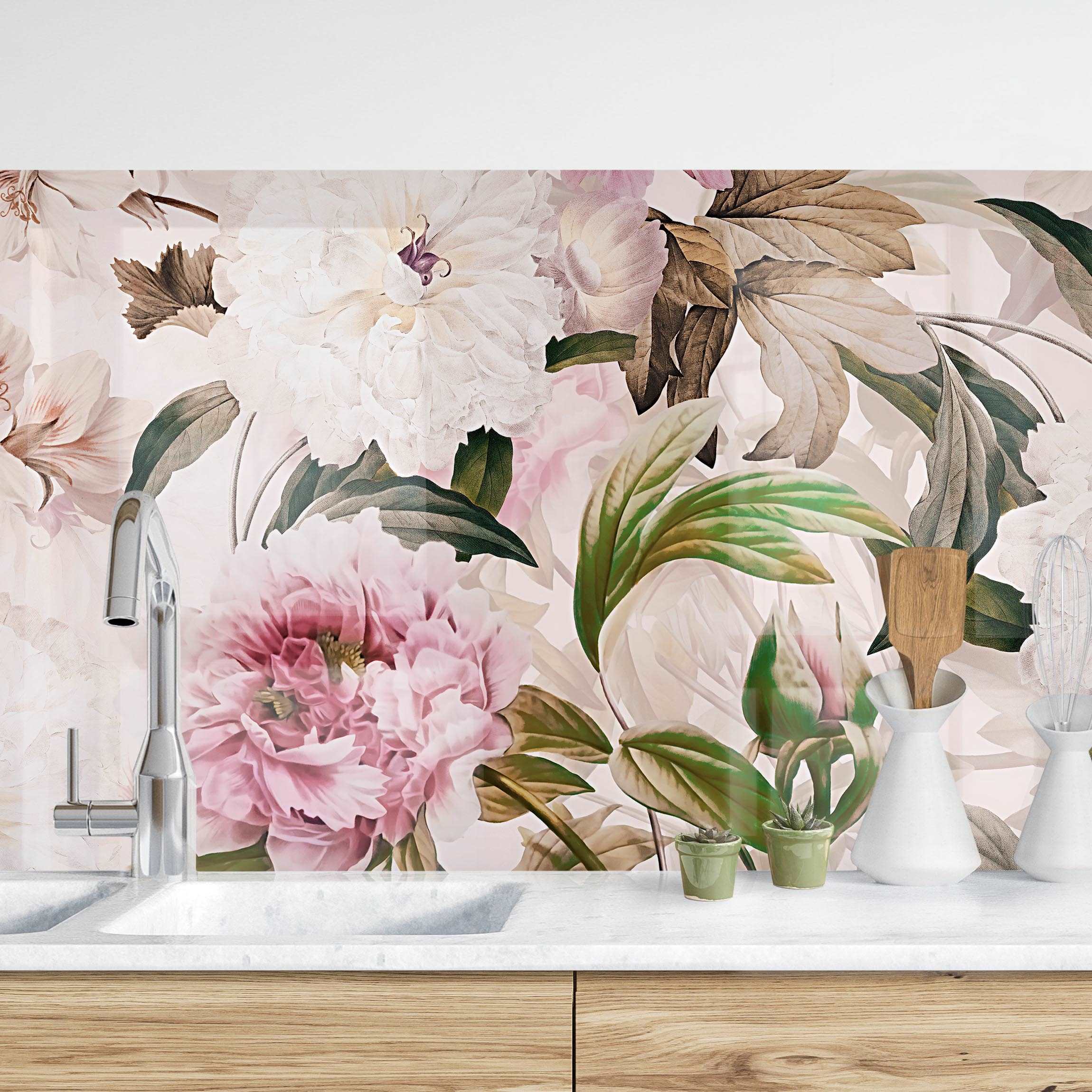 Salpicadero cocina adhesivo - illustrated peonies in light pink 300 x 50 cm