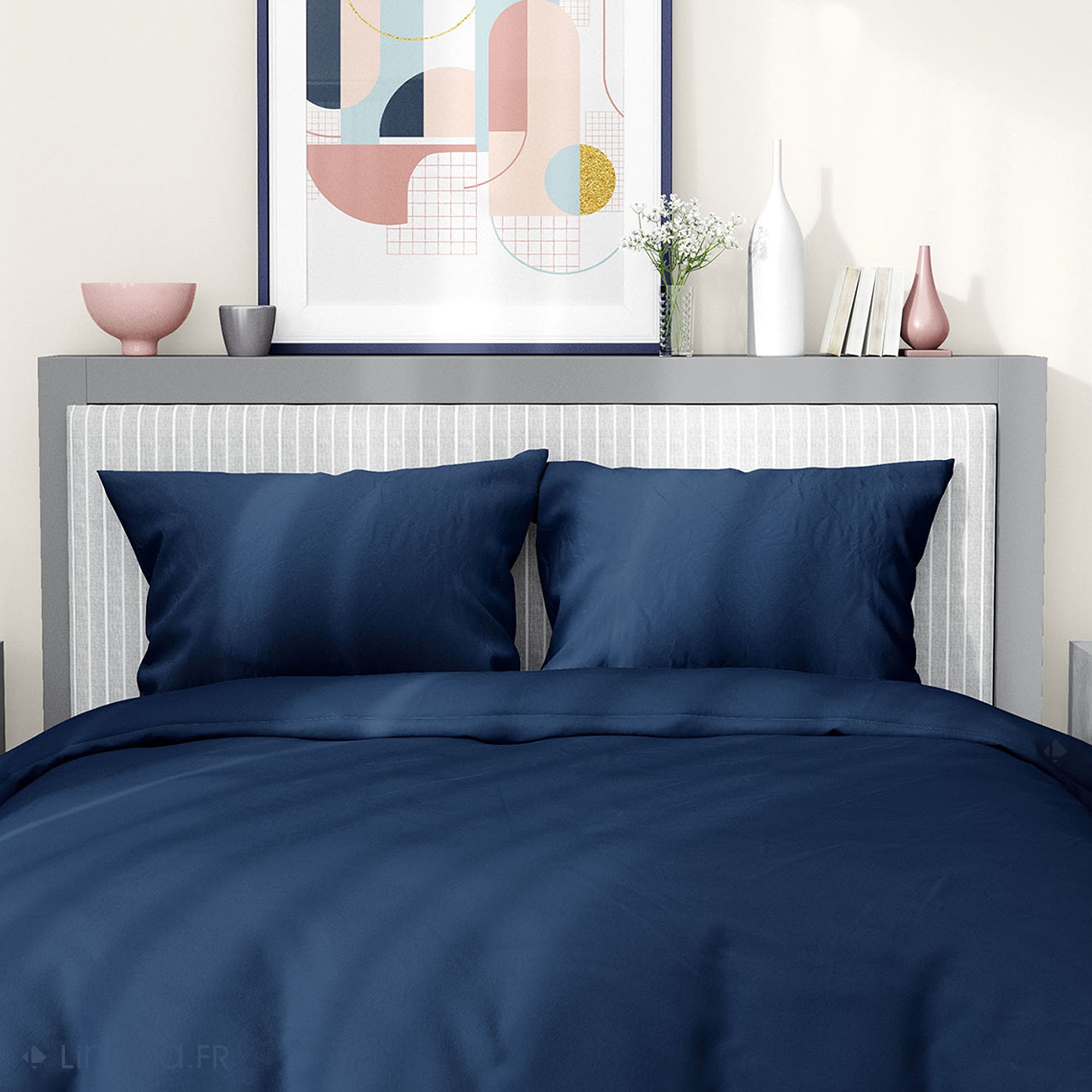 Parure de lit 240x220 cm satin de coton SAPRI bleu indigo 3 pièces - 3