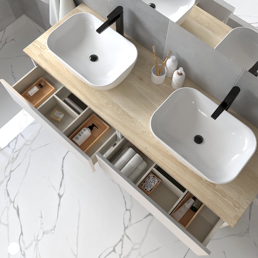 Meuble de salle de bain avec vasques à bords arrondies BALEA et miroir avec appliques - Blanc - 120cm - 3