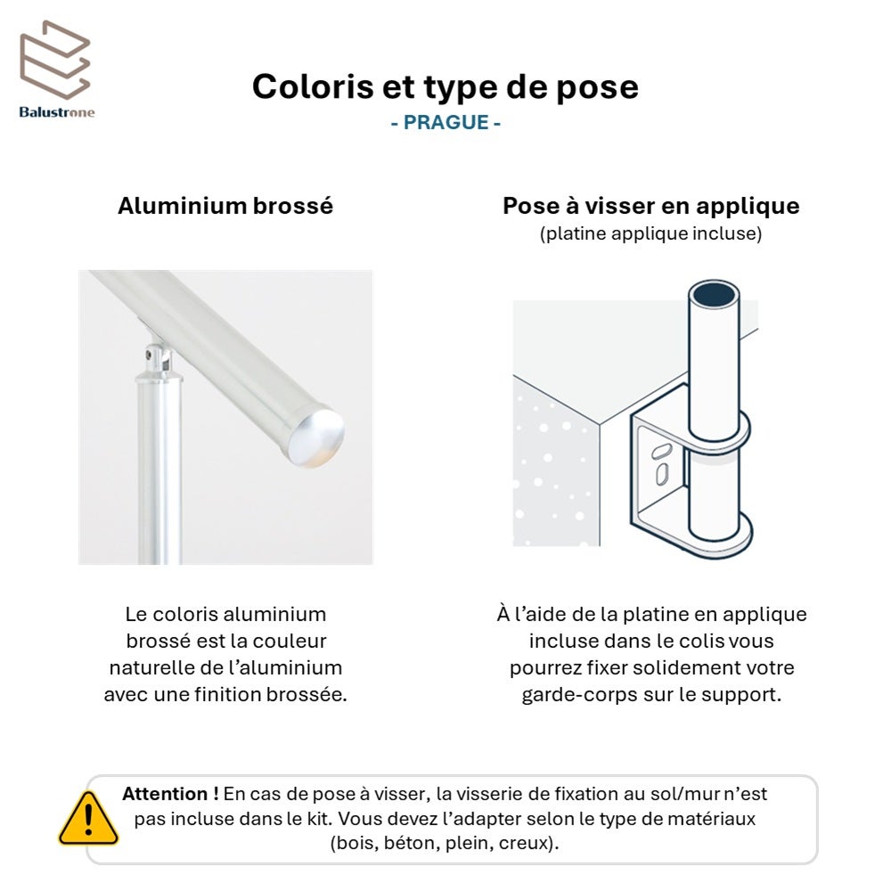 Garde-corps aluminium 3m pose en applique, intérieur et extérieur, PRAGUE 5 lisses, en kit - 5