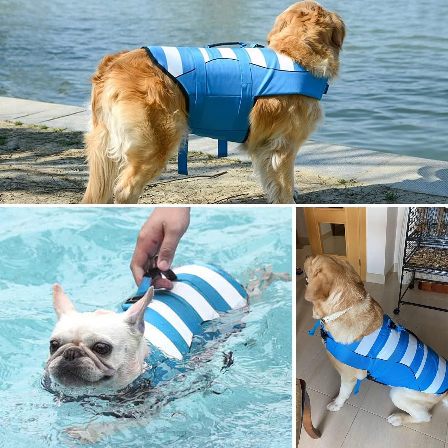 Colete salva-vidas para cães, ajustável, com alça macia, boa flutuabilidade no mar ou lago (azul, tamanho G) - 5
