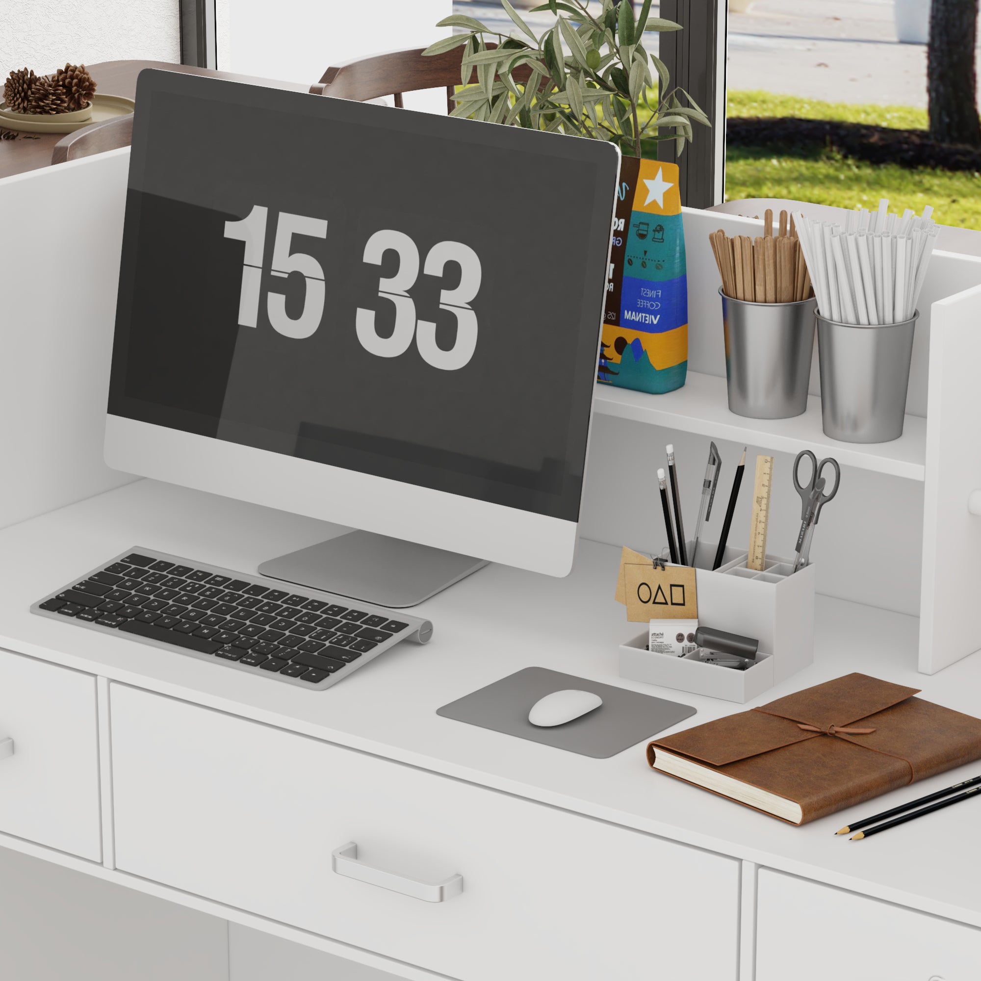 Comptoir de réception avec compartiments ouverts étagères Tiroir verrouillable Salon Bureau 120x20x110cm Blanche - 4