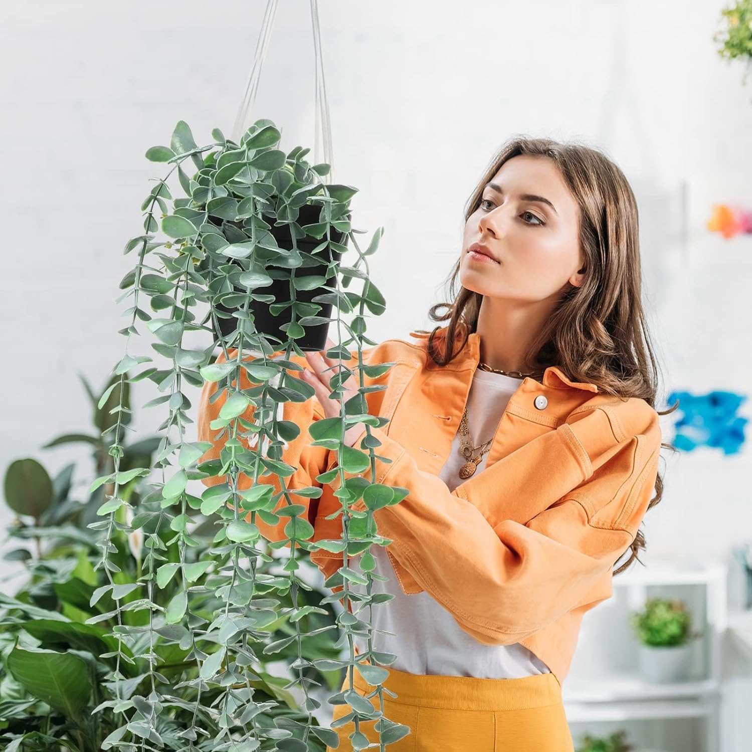 Ensemble de 4 plantes artificielles suspendues d'intérieur et d'extérieur, décoration de plantes vertes en pot, mandala, eucalyptus, pothos, pois - 8