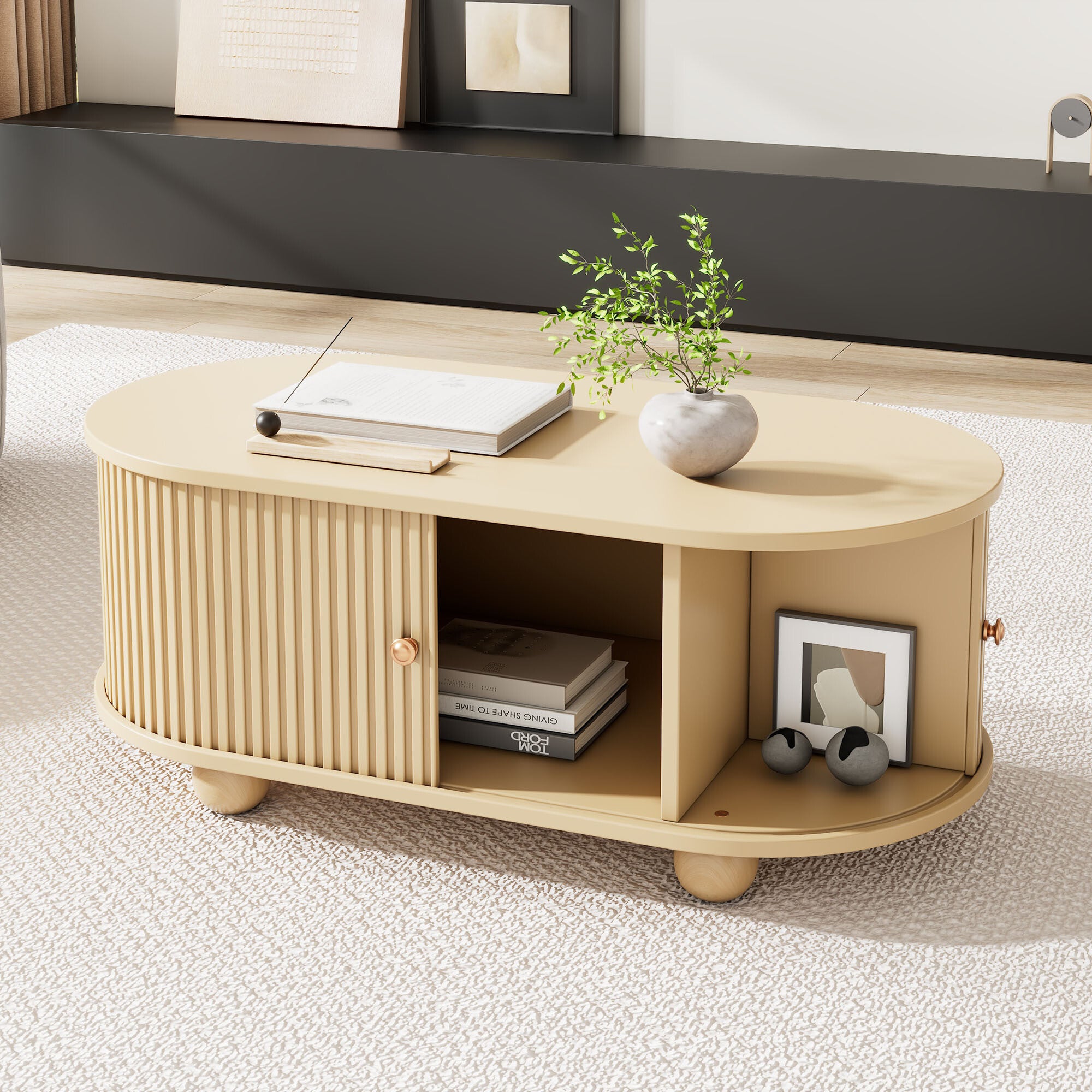 URBAN MEUBLE Table basse ovale effet bois clair 2 portes coulissantes multifonctionnel - 7