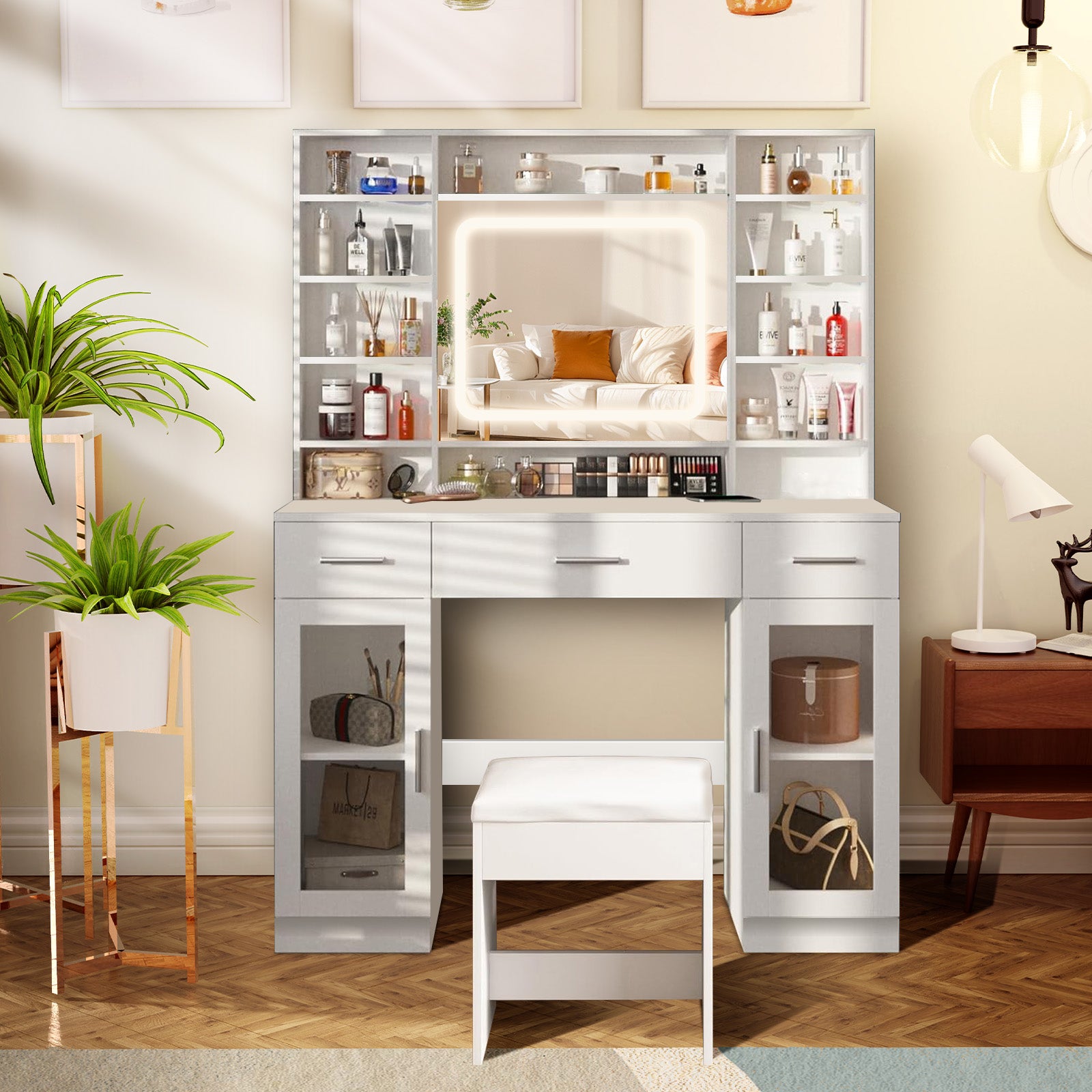 WOLTU Coiffeuse Avec Miroir LED, Coiffeuse Avec Tabouret Réglable En