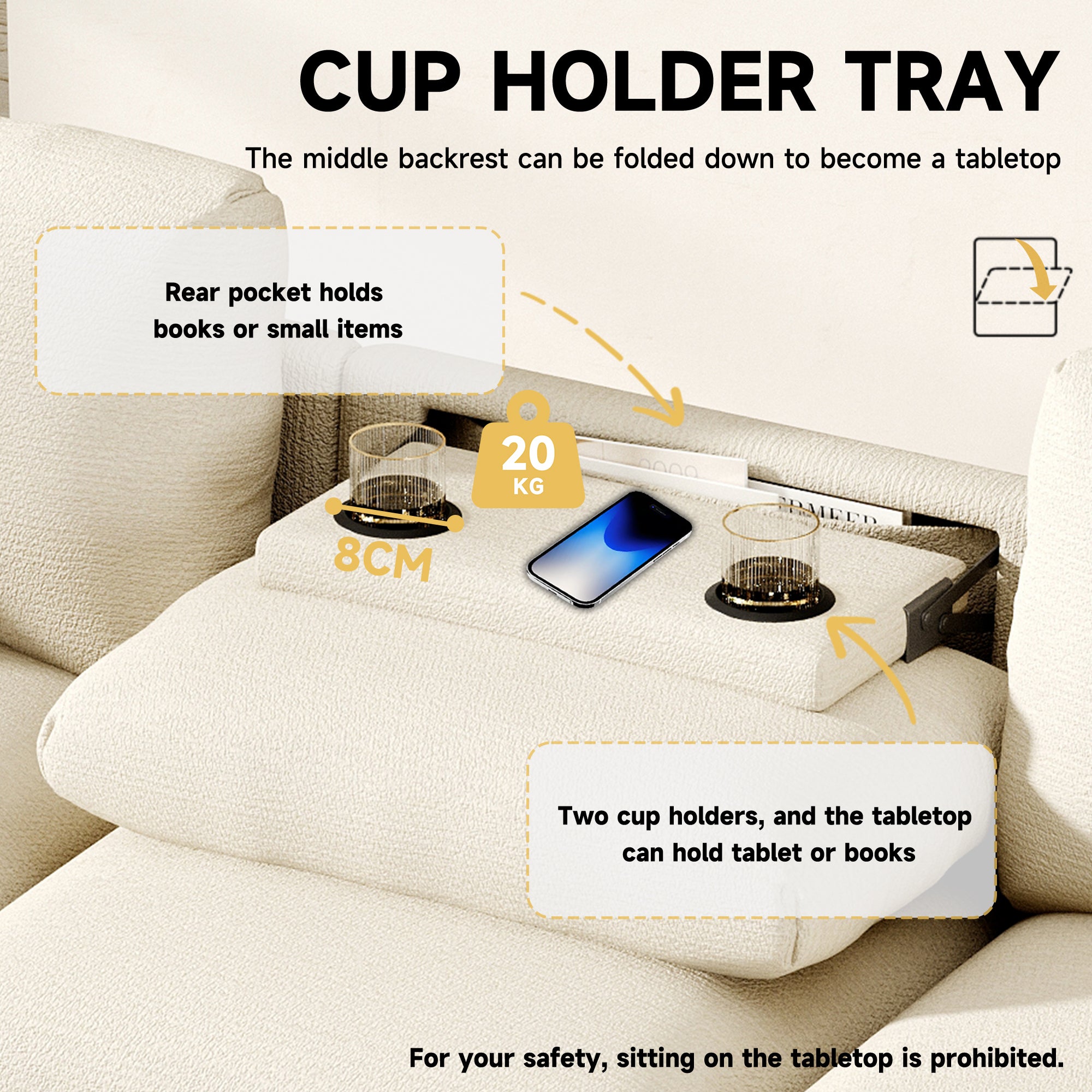Canapé droit 3 places avec table rabattable, USB, porte-gobelet, rangements et coussins en chenille beige - OKMYHOME - 6