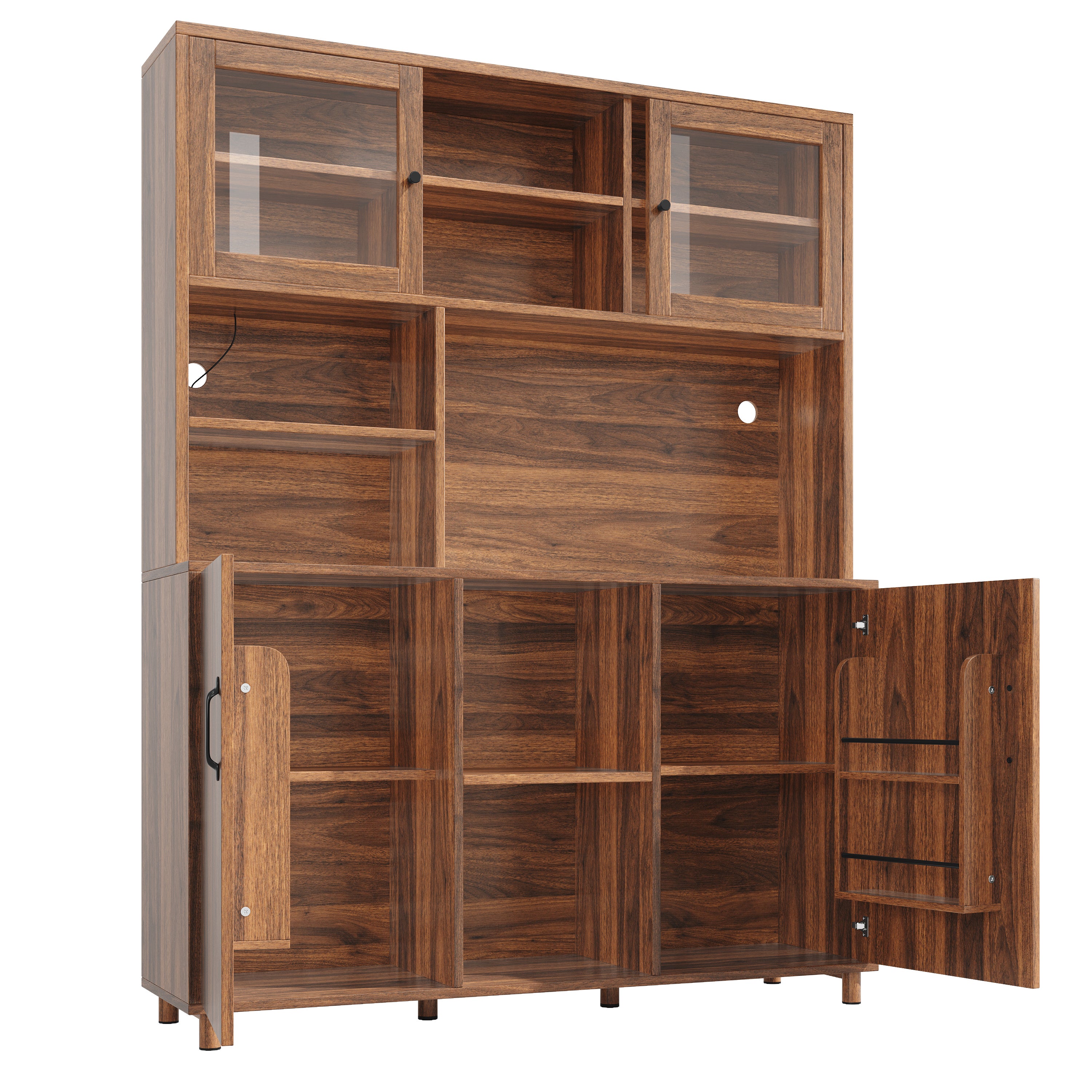 Meuble de cuisine 140×40×185 cm armoire haute avec 4 portes, LED, compartiments ouverts, en MDF, couleur marron - 2