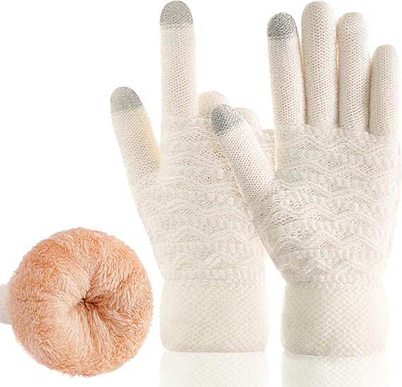 Ciepłe, zimowe rękawiczki dotykowe, białe, 22 cm, damskie, termiczne, dzianinowe, z wełnianą wyściółką, odpowiednie do niskich temperatur.