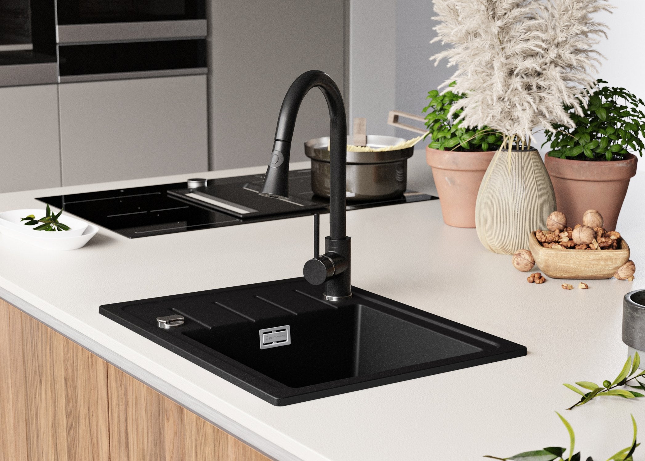 Lavandino da Cucina Nero 55x44cm, Lavello in Granito a 1 vasca + Sifone Classico + Accessori, Lavabo da Cucina Incasso al mobile 45cm PRIMAGRAN - 9