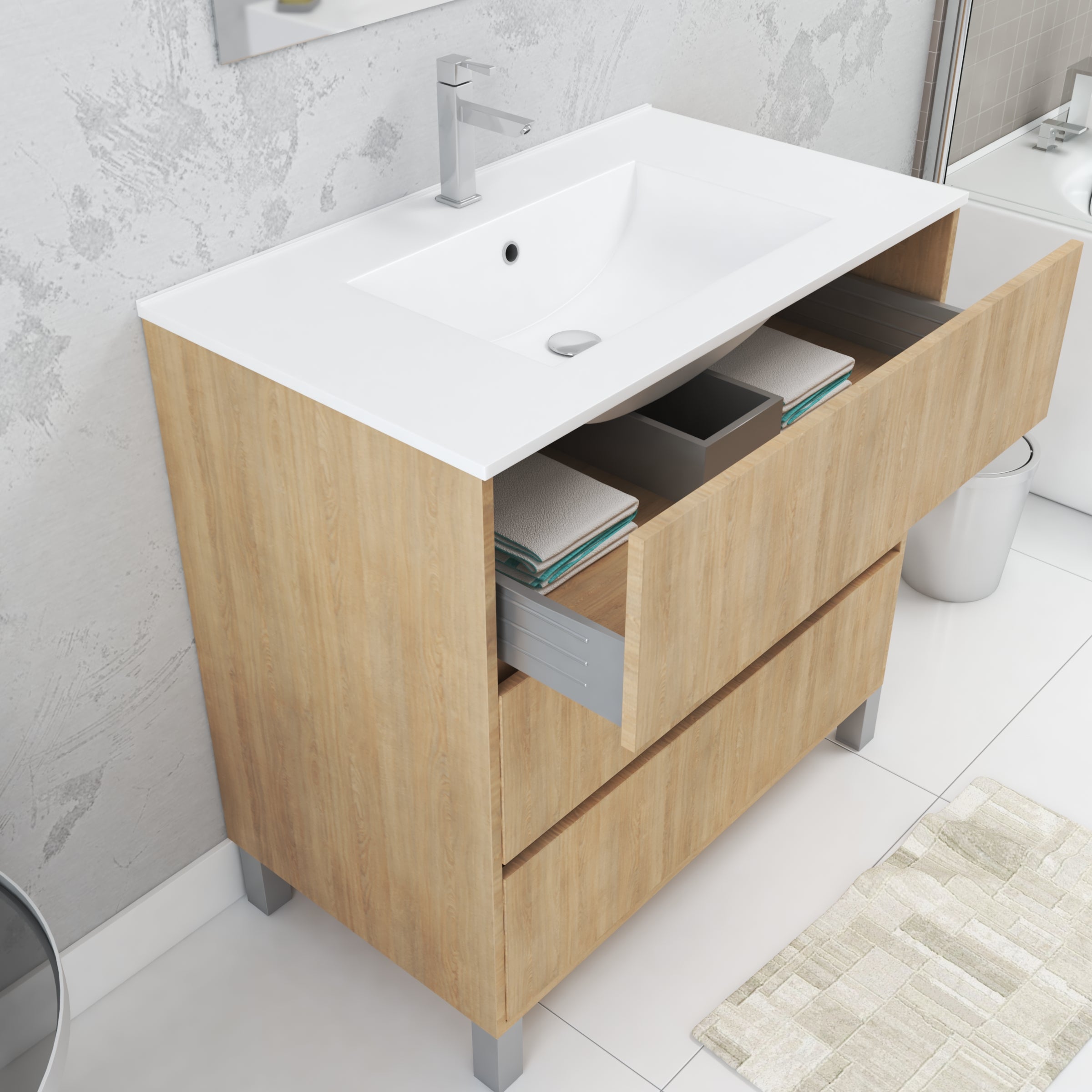 Lomadox Set Mobile Bagno 80 Cm Con Lavabo, Armadio A Specchio LED E Armadio Alto – Stile Quercia, 3 Pezzi - 2