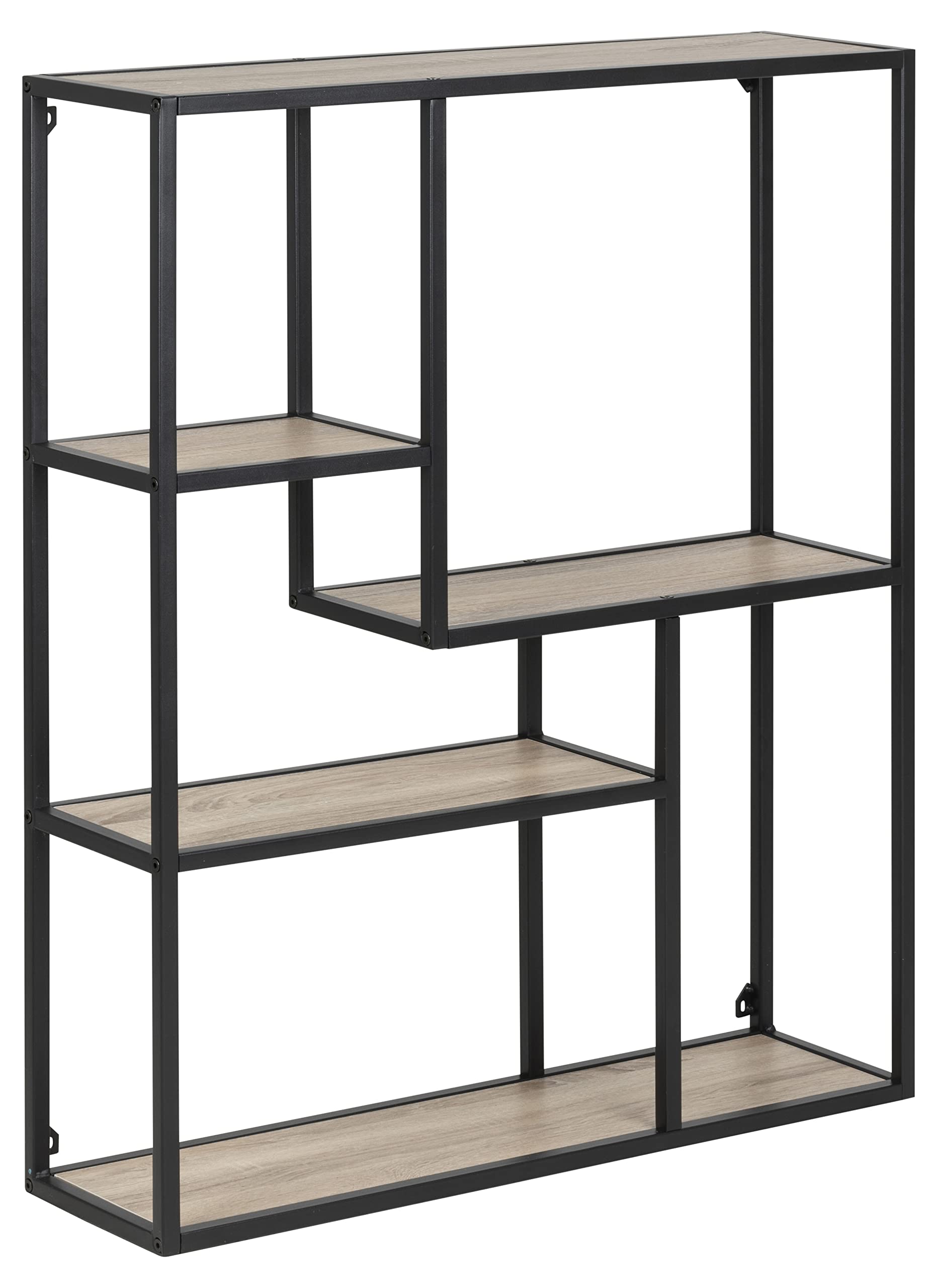AC Design Furniture Jörn - Libreria asimmetrica con 5 ripiani, altezza 185 x larghezza 77 x profondità 35 cm, colore: Nero/Frasse/Oro Melammina/Metallo