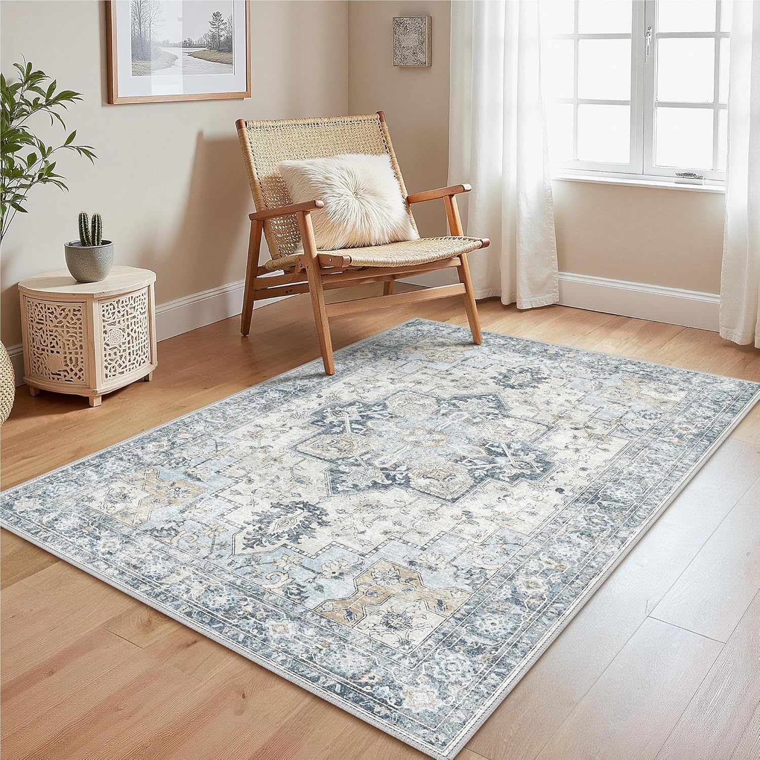 1 Dywan do salonu w kolorze niebieskim w stylu vintage, 60 x 90 cm, antypoślizgowy spód, zmywalny, krótki włos, odpowiedni do kuchni, jadalni, biur i