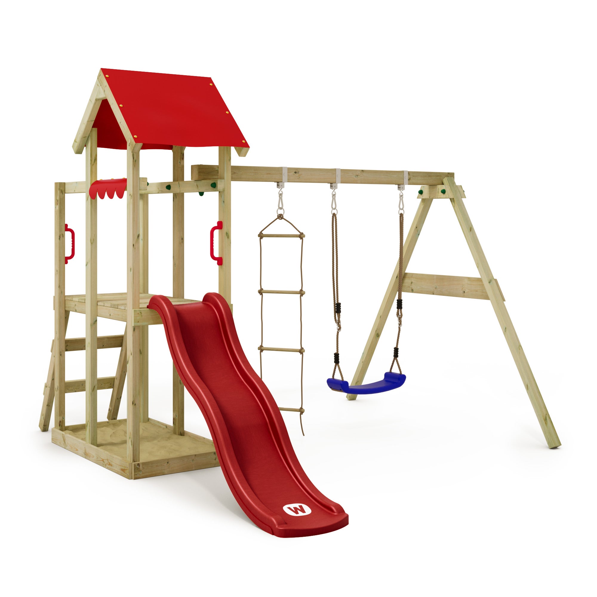 Wickey MultiFlyer – Portique En Bois Avec Toit, Toboggan, Balançoire, Bac à Sable Et Cuisine De Boue