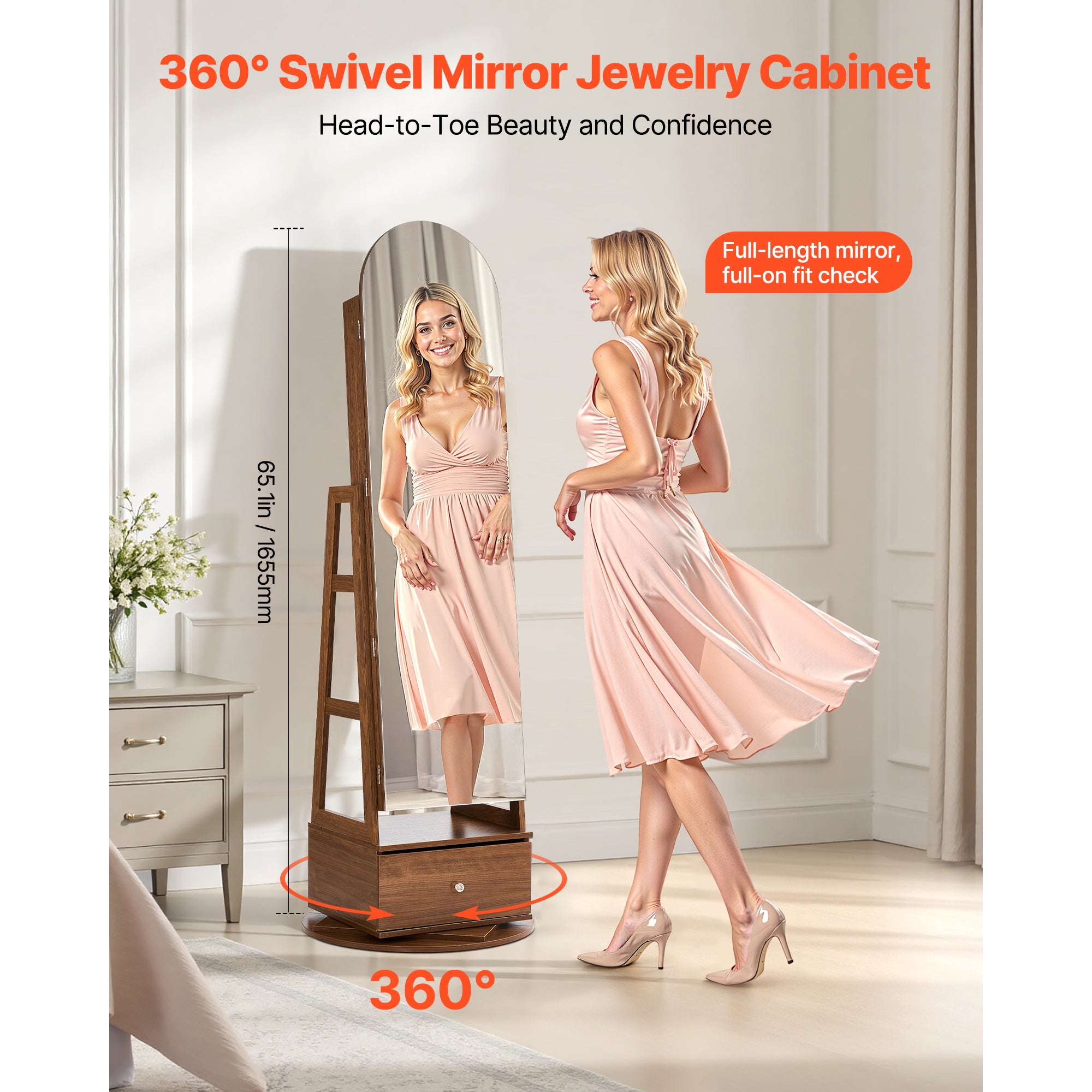 Armoire a bijoux SucceBuy rotative a 360°, meuble de rangement sur pied, 1650 mm, avec miroir integral, etageres pratiques,porte securisee avec 2 cles - 2