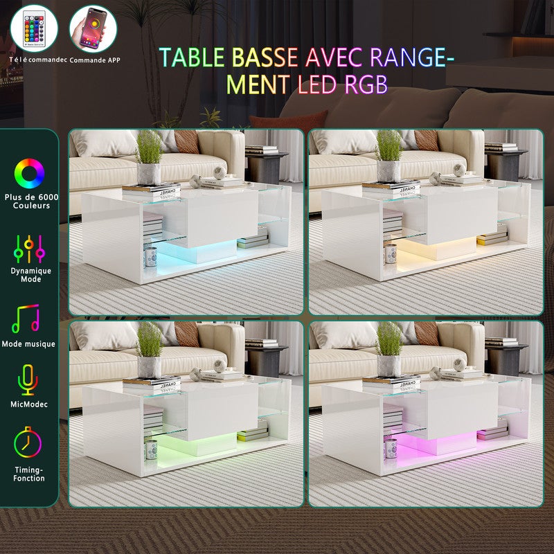 Table basse, Table basse salon LED avec espace de rangement, Table brillante avec étagère en verre, 100L x 50B x 35H cm - 8