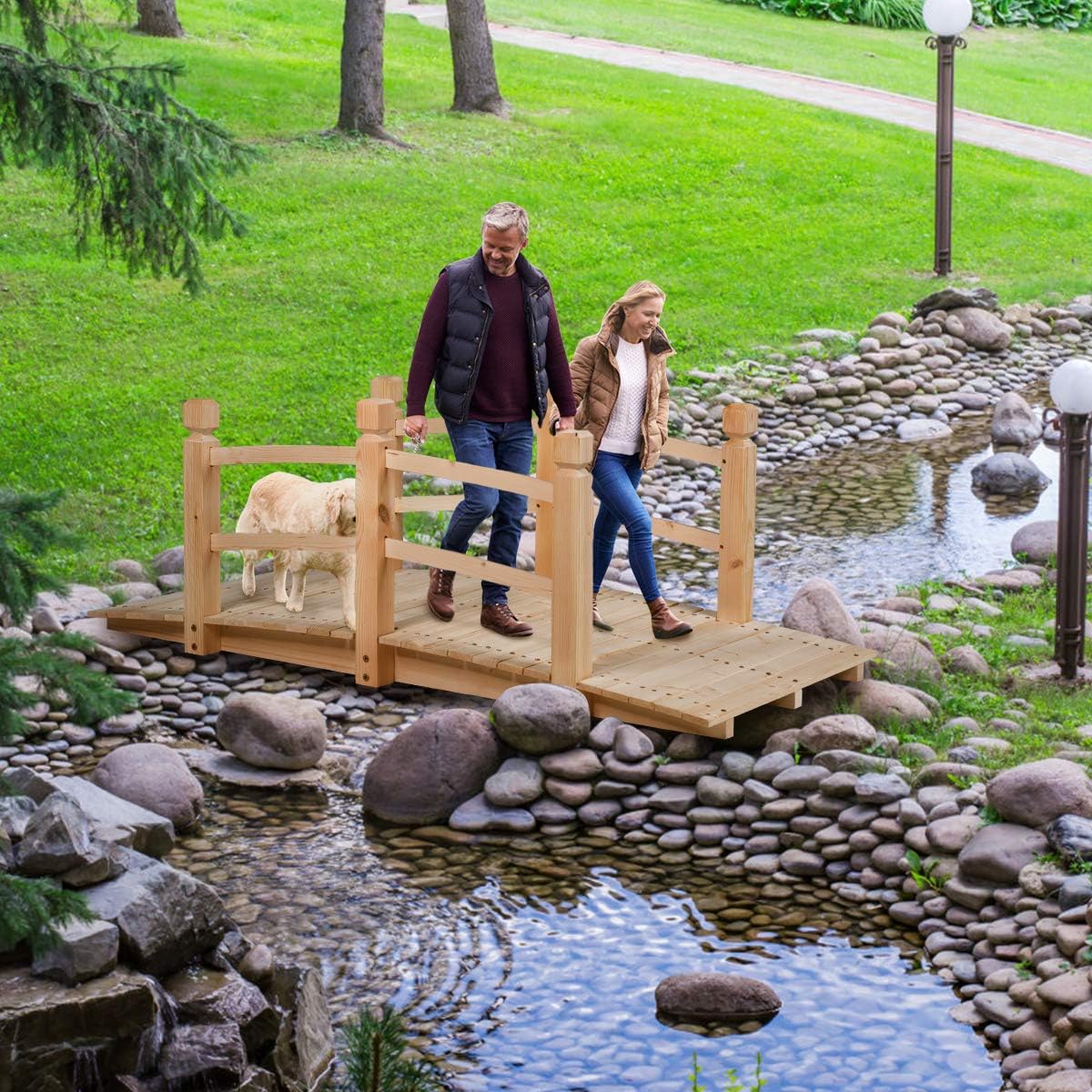 &nbsp;Pont de Jardin en Bois avec Balustrades 150 x 67 x 56 cm Charge 150 kg Max, Beige - 2