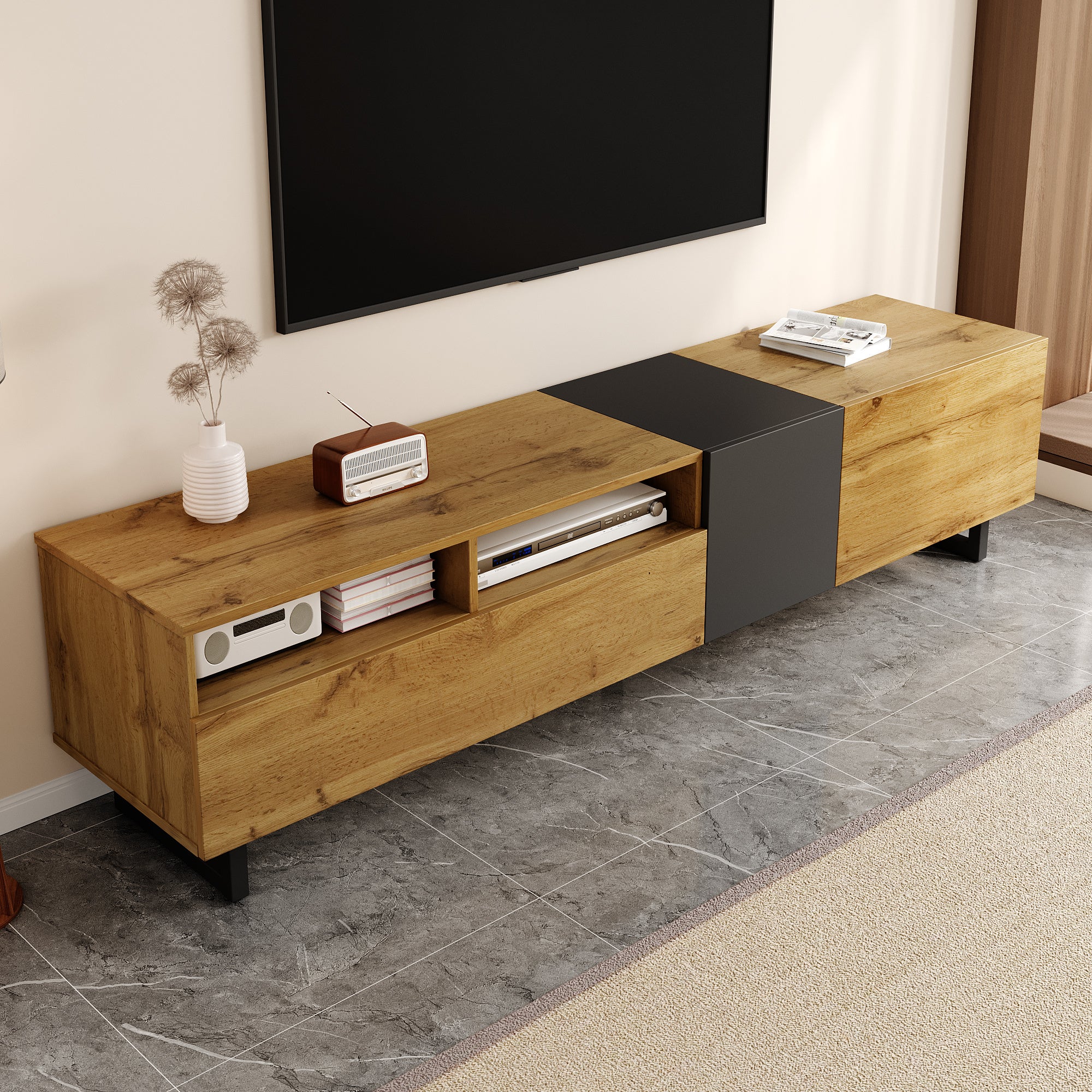 Szafa pod TV 170x36,5x42 cm - 3 drzwi - 2 przegródki przechowawcze - Nogi metalowe w kształcie U - Wykończenie drewnopodobne - Naturalny