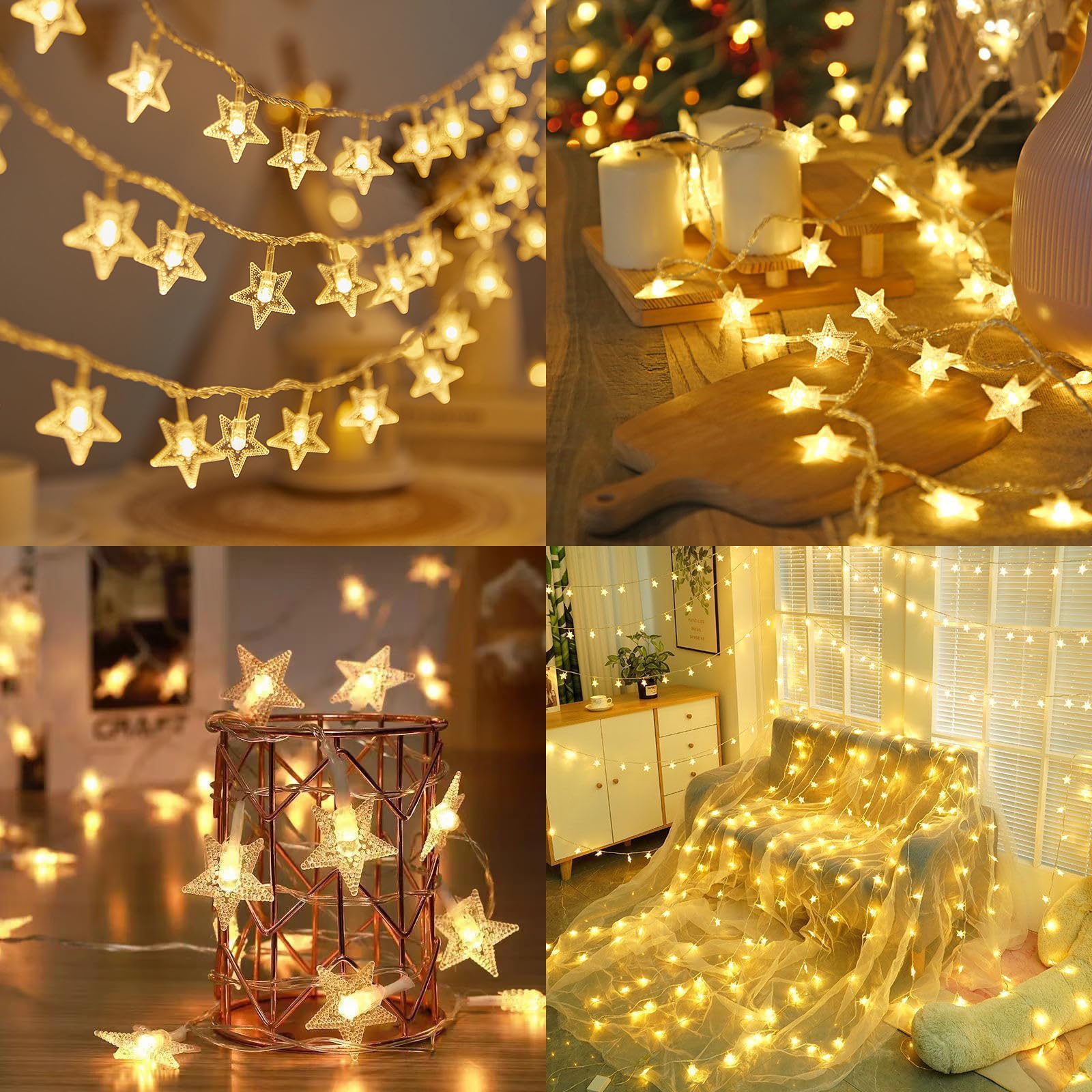 Guirlande lumineuse étoilée, 3 m, 20 LED, à piles, blanc chaud, pour Noël, mariage, anniversaire, chambre d'enfant, chambre à coucher, intérieur - 7