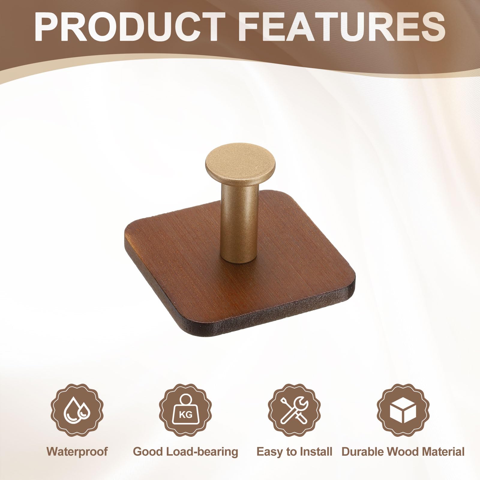 4 crochets adhésifs, crochets muraux en bois sans perçage, crochets de porte adhésifs robustes, adaptés à la salle de bain, cuisine (marron) - 4