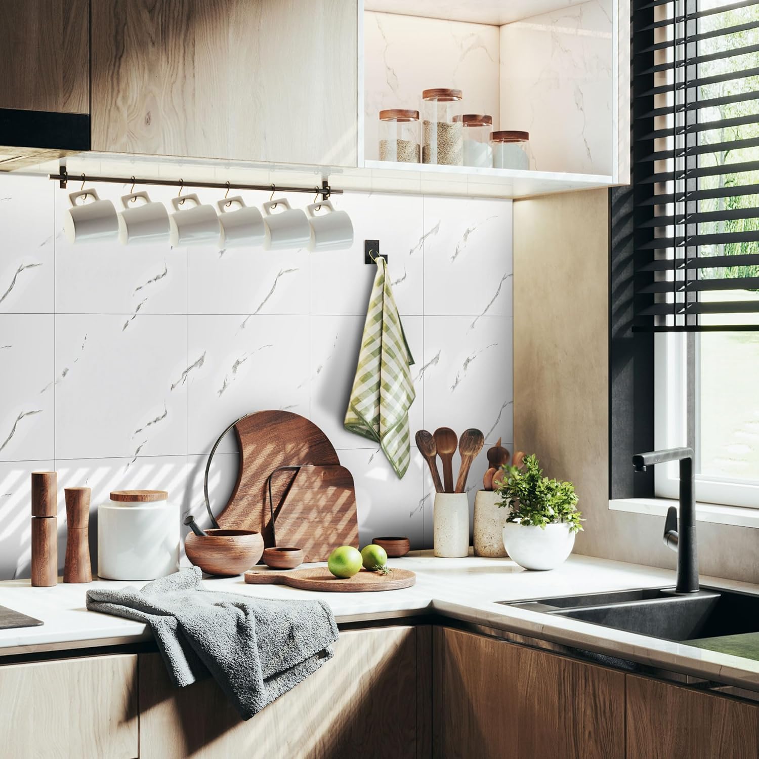 20 Pièces Carreaux Adhesif Cuisine, Carrelages en Marbre Auto-Adhésifs de 30 x 30 cm pour mur, Carrelages Adhésifs Pour Cuisine, Salle de Bains Salon - 2