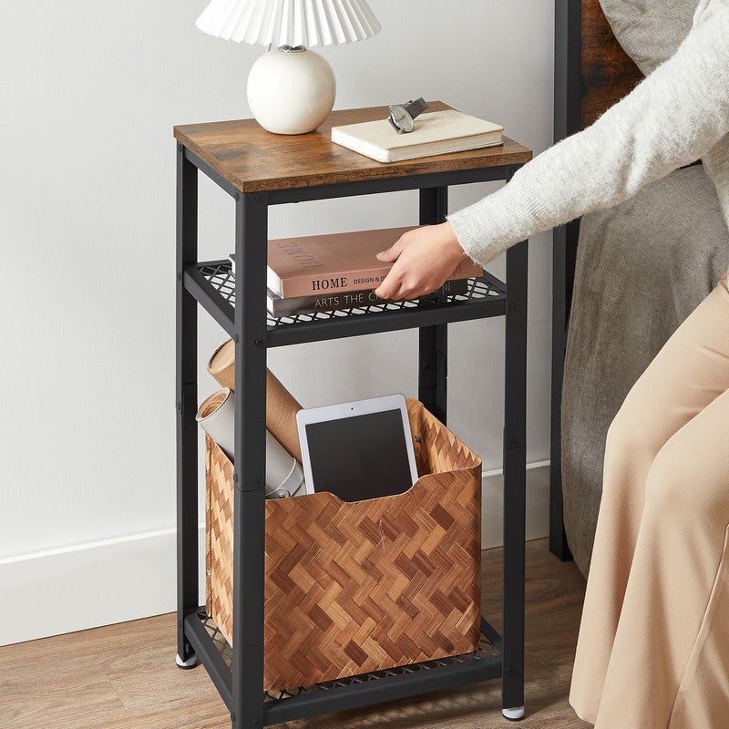 Table d'appoint, Table de Chevet, Bout de canapé, Table pour téléphone, avec 2 étagères en Treillis, Cadre en Acier, Marron Rustique et Noir - 4