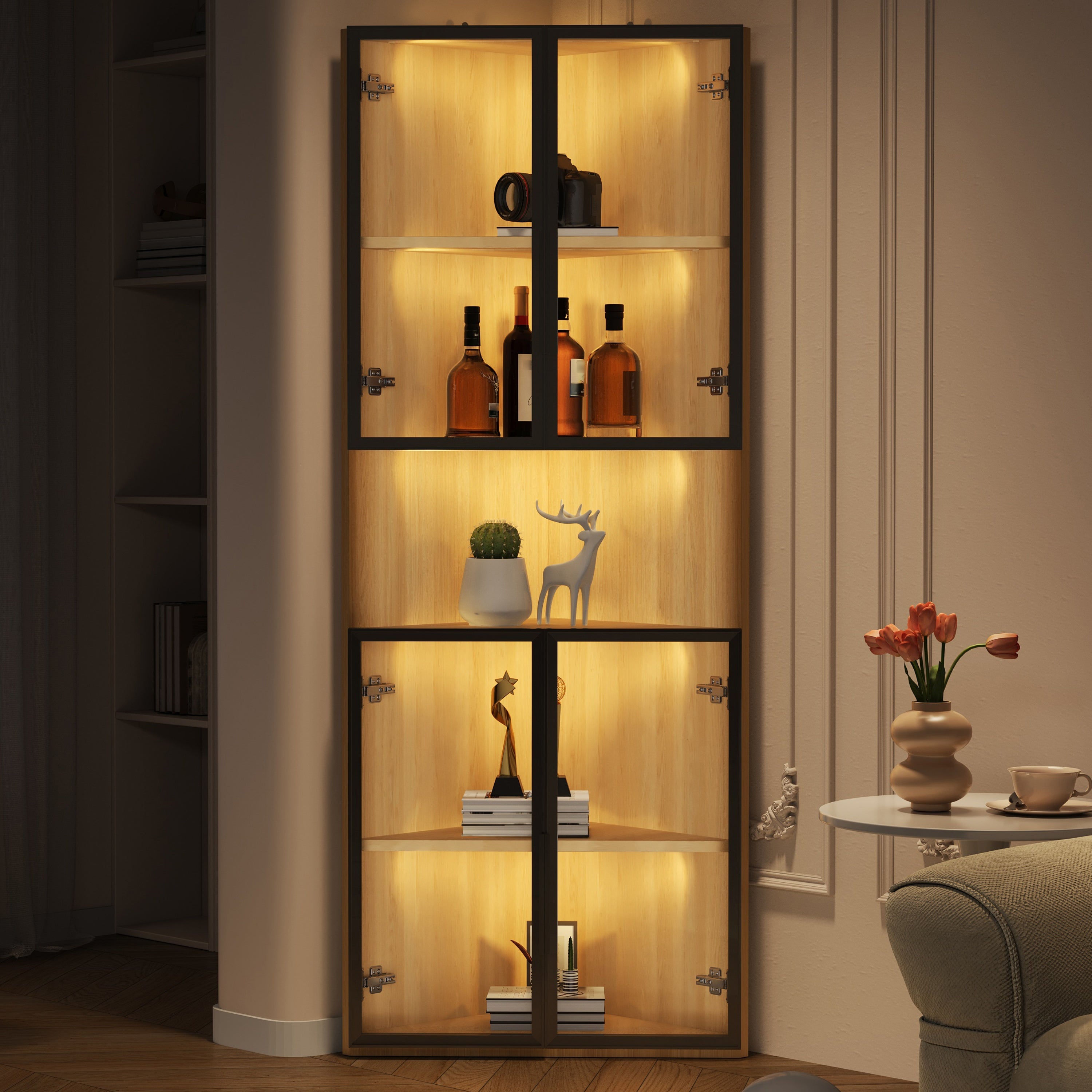 Witryna narożna z 4 drzwiami szklanymi, regał na książki - 62 x 32 x 160 cm - diody LED - płyta MDF - dąb