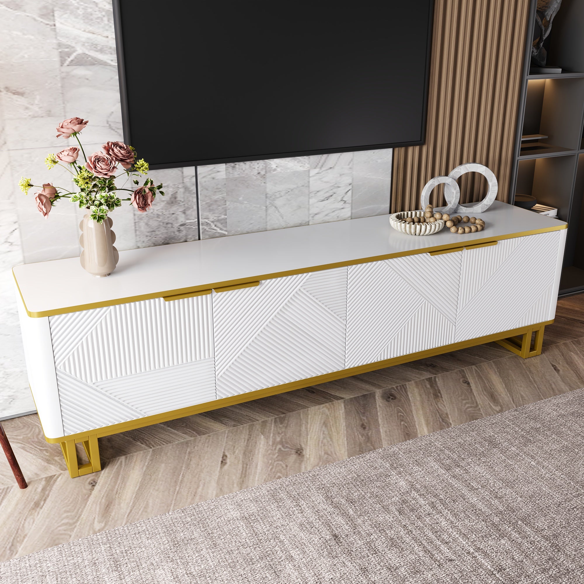 Nowoczesna szafka RTV 160 x 37,5 x 48 cm - Z 4 drzwiami - Żelazna rama - Geometryczna faktura - Płyta MDF - Biały + Złoty - 8