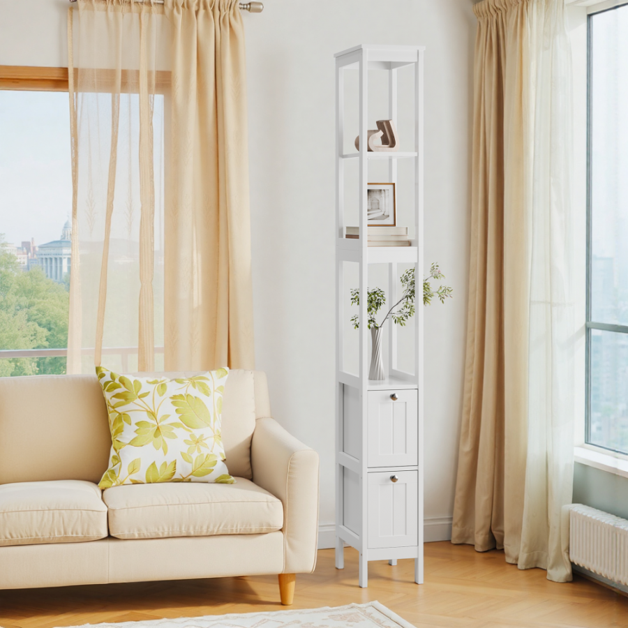 Armario de baño estrecho de madera con 2 cajones y 3 estantes, almacenamiento práctico para inodoro, lavabo y lavadora - 3