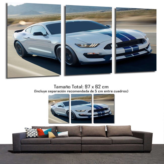 Quadro Moderno Trittico: Ford Mustang Bianca, Foto Su Legno, 97x62 Cm, Rif. 27218