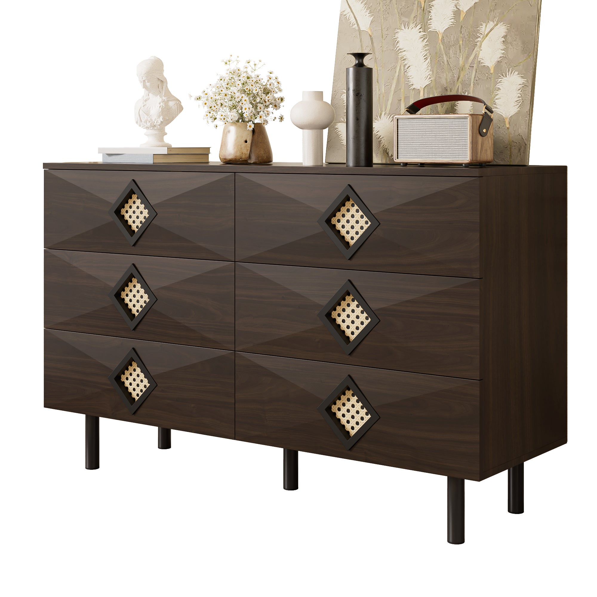 Komoda niska z 6 szufladami - 120 x 40 x 74,5 cm - Uchwyt rattanowy - Płyta MDF i płyta wiórowa - Nogi metalowe - Orzech