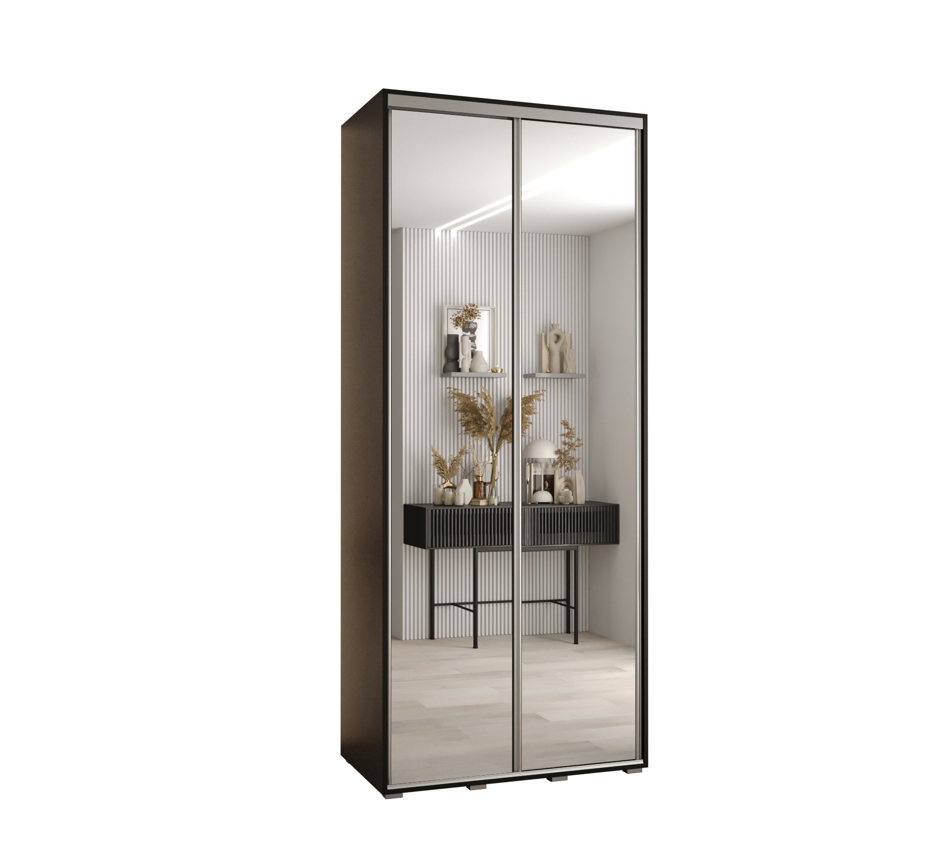 Szafa przesuwna z lustrem wysoka Davos 2 110 x 45 x 235,2 cm czarny + czarny + u. srebrny - Abiks Meble