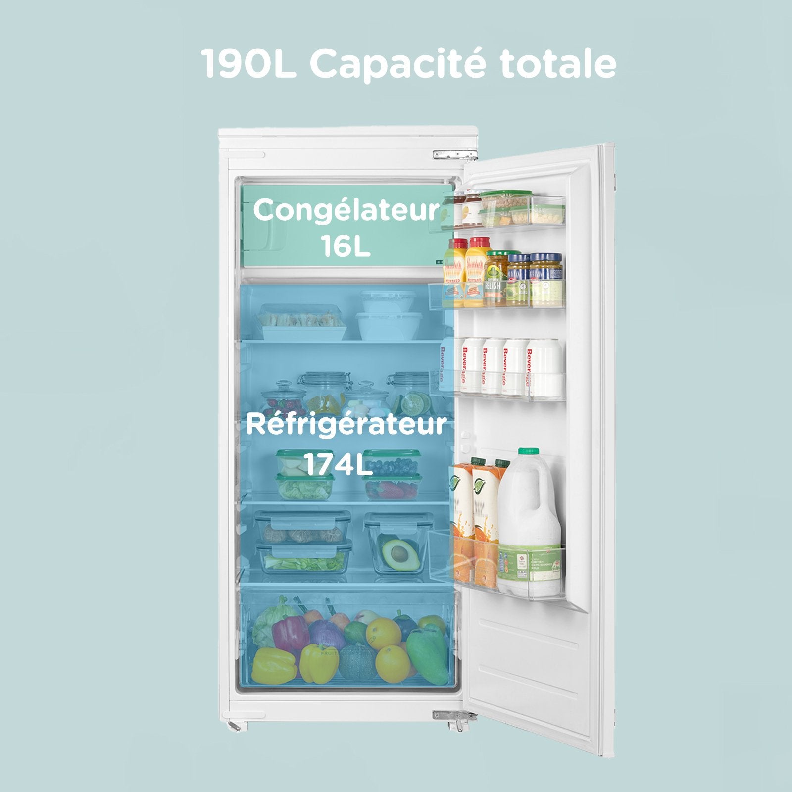 Réfrigérateur 1 Porte Encastrable COMFEE - H123,3 cm x L54 cm x P55 cm - 190L(174+16) - Intégrable - Classe E - 2