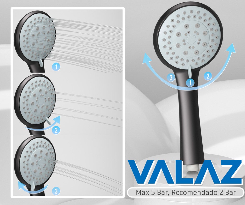 Valaz Barre de douche thermostatique ronde réglable jusqu'à 120 cm noir mat - Série Ebro - 25 cm - 7